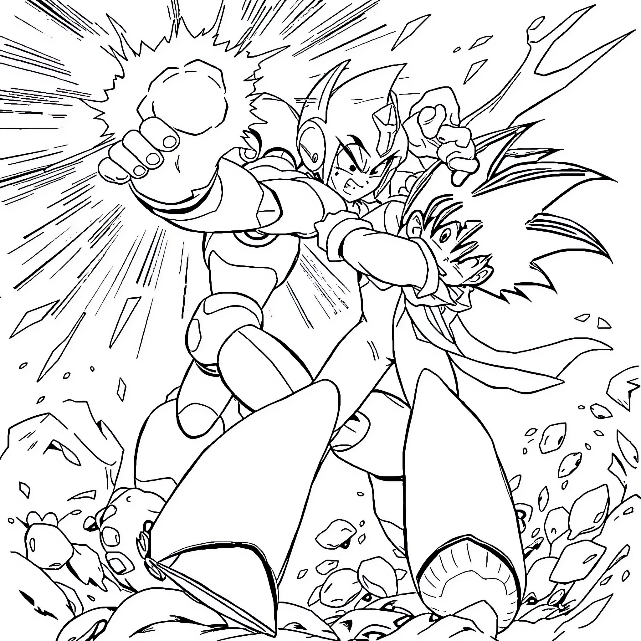 Megaman in an intense action pose Coloring Page (free black-and-white line drawing printable PDF for all, from beginners to advanced learners, including children, teens, adults, and seniors)