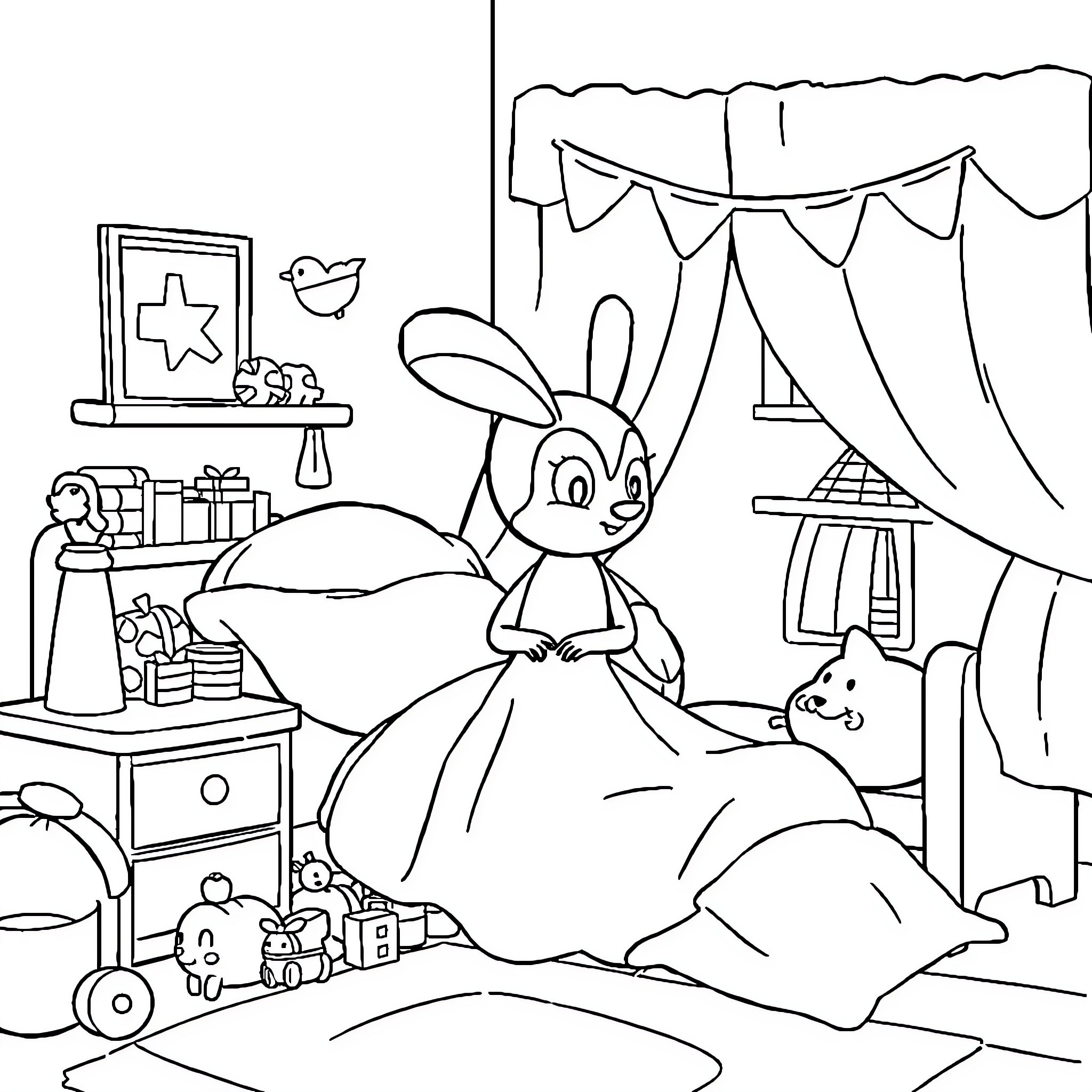 Patrol of a Rabbit's Cozy Bedroom Coloring Page (free black-and-white line drawing printable PDF for all, from beginners to advanced learners, including children, teens, adults, and seniors)