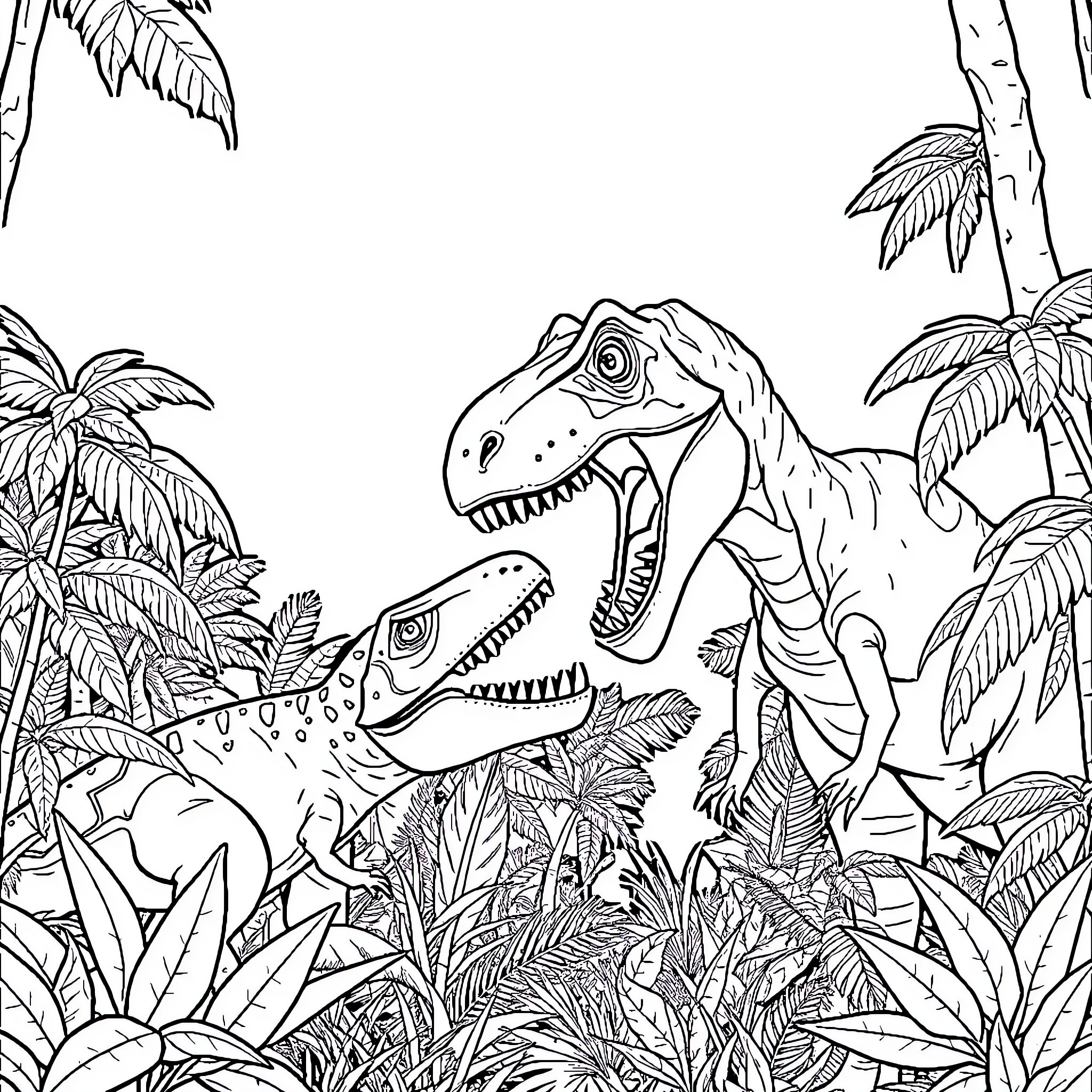 Dinosaurs Roaming Through Lush Jungle Foliage Coloring Page (free black-and-white line drawing printable PDF for all, from beginners to advanced learners, including children, teens, adults, and seniors)