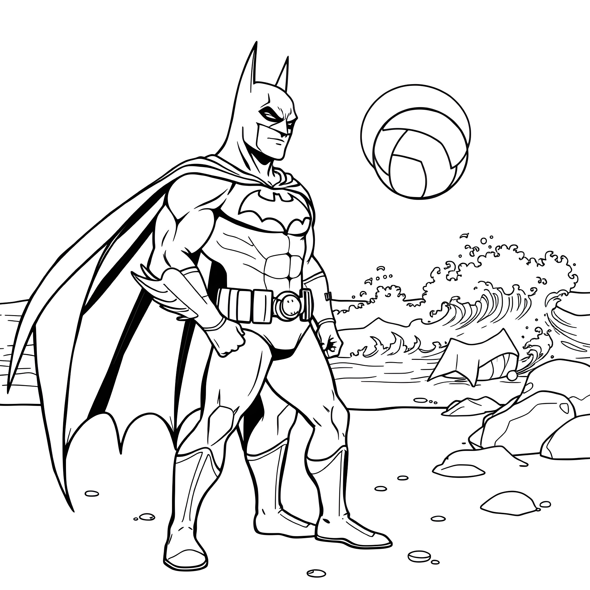 Batman Poses Heroically on the Beach Coloring Page (free black-and-white line drawing printable PDF for all, from beginners to advanced learners, including children, teens, adults, and seniors)