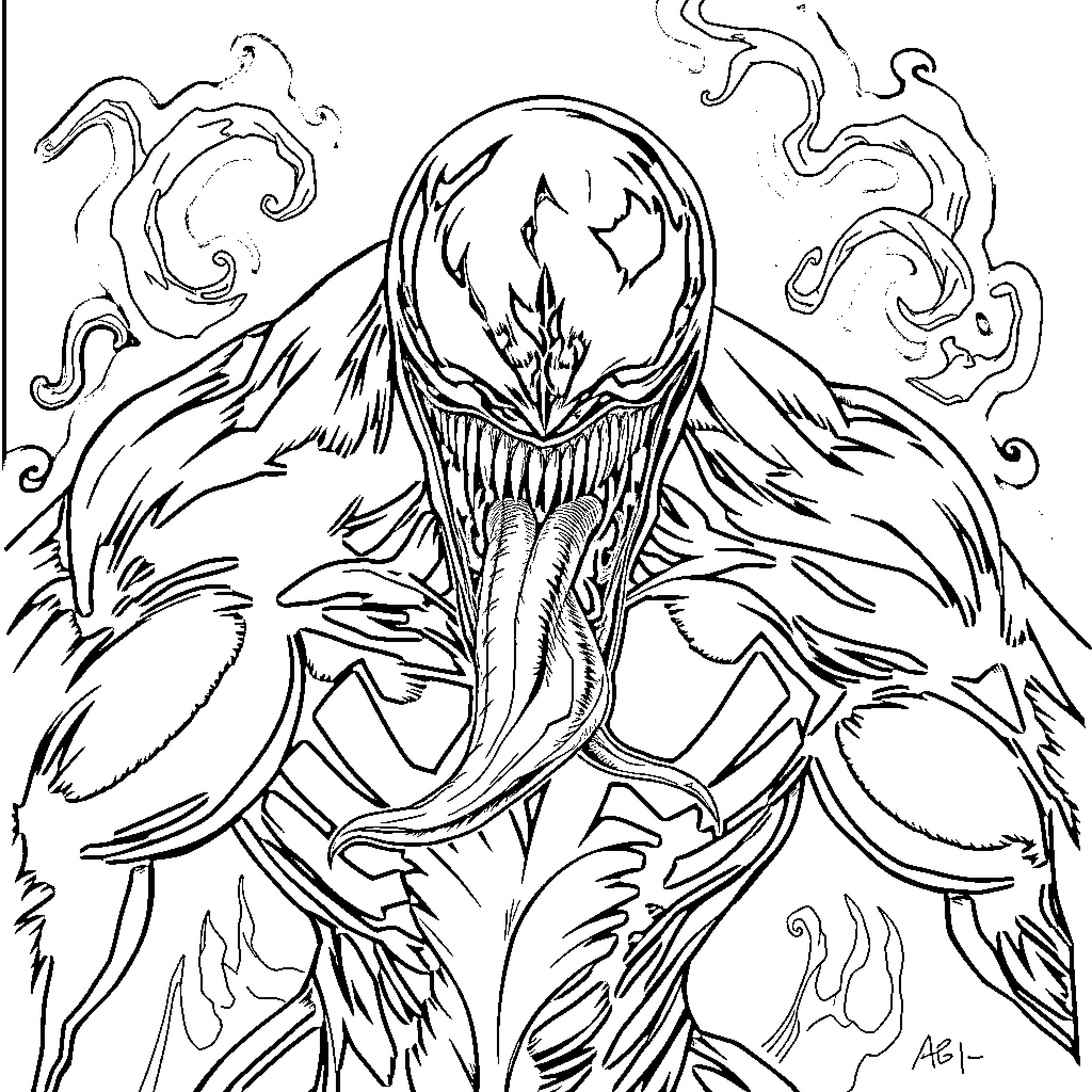 Venom Unleashed: Fierce Symbiote Transformation Coloring Page (free black-and-white line drawing printable PDF for all, from beginners to advanced learners, including children, teens, adults, and seniors)