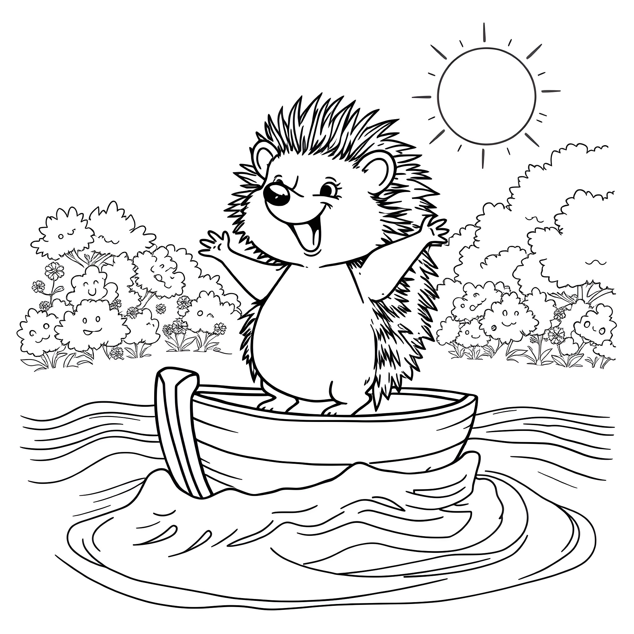 Hedgehog happily sailing in a boat on the lake Coloring Page (free black-and-white line drawing printable PDF for all, from beginners to advanced learners, including children, teens, adults, and seniors)