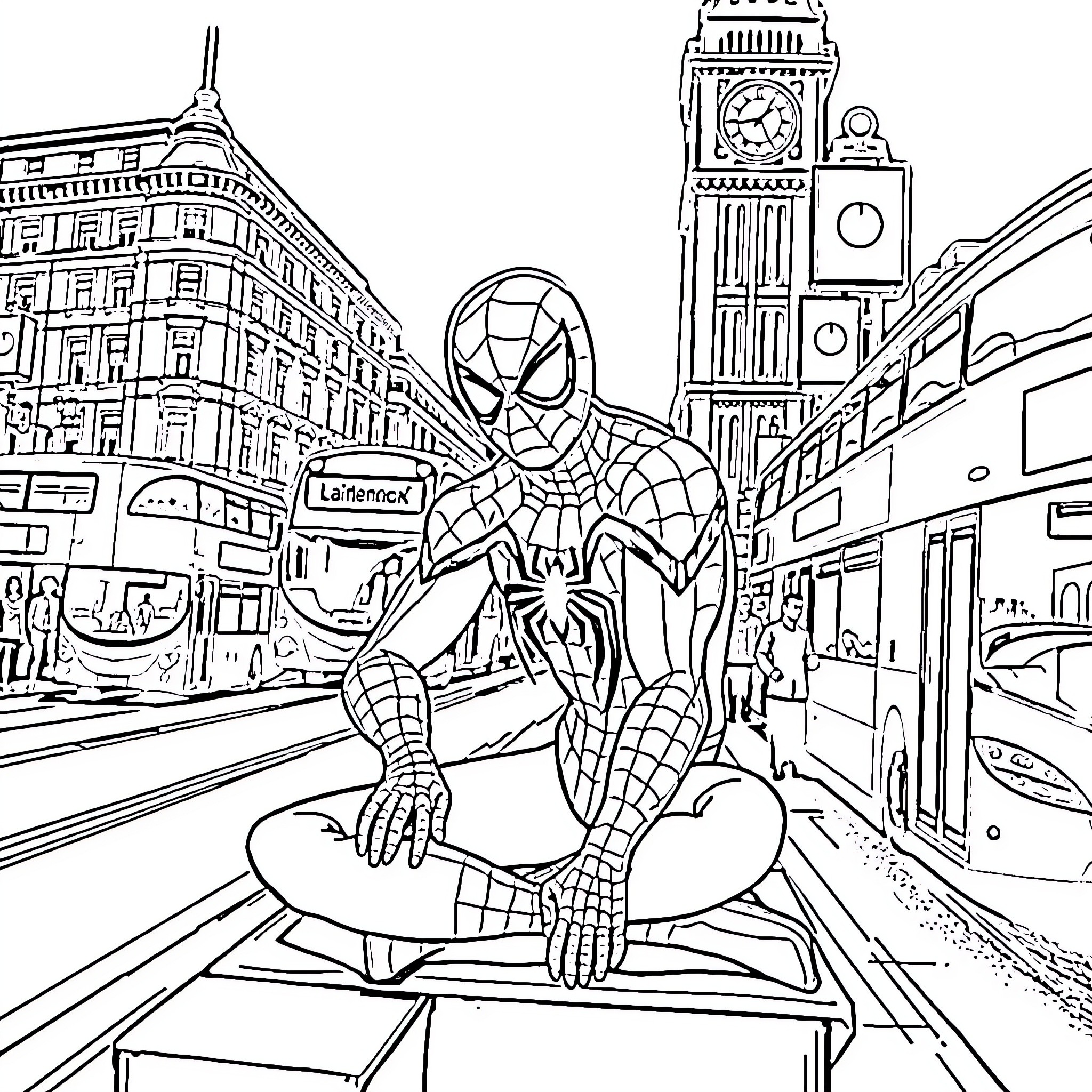 Spider-Man leaping through the city streets Coloring Page (free black-and-white line drawing printable PDF for all, from beginners to advanced learners, including children, teens, adults, and seniors)