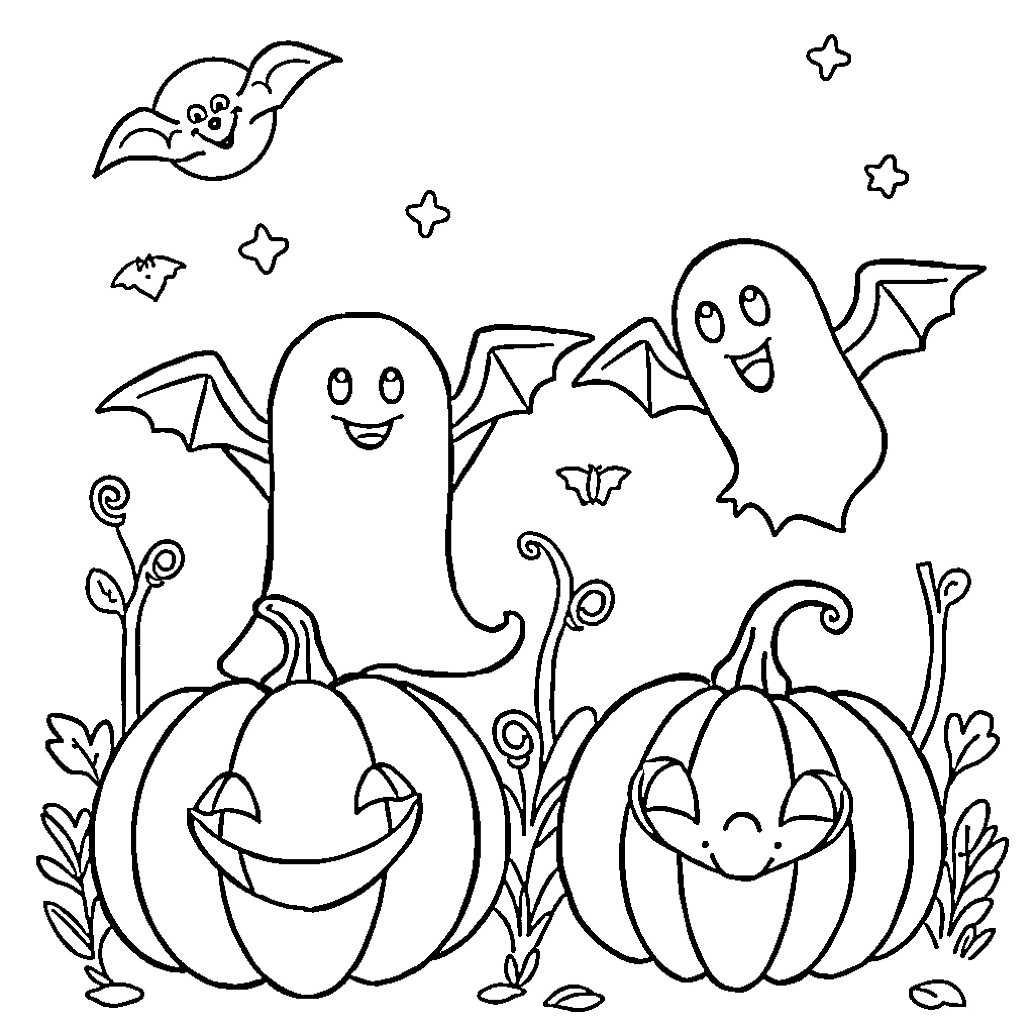 Halloween happy ghosts and pumpkins Coloring Page (free black-and-white line drawing printable PDF for all, from beginners to advanced learners, including children, teens, adults, and seniors)
