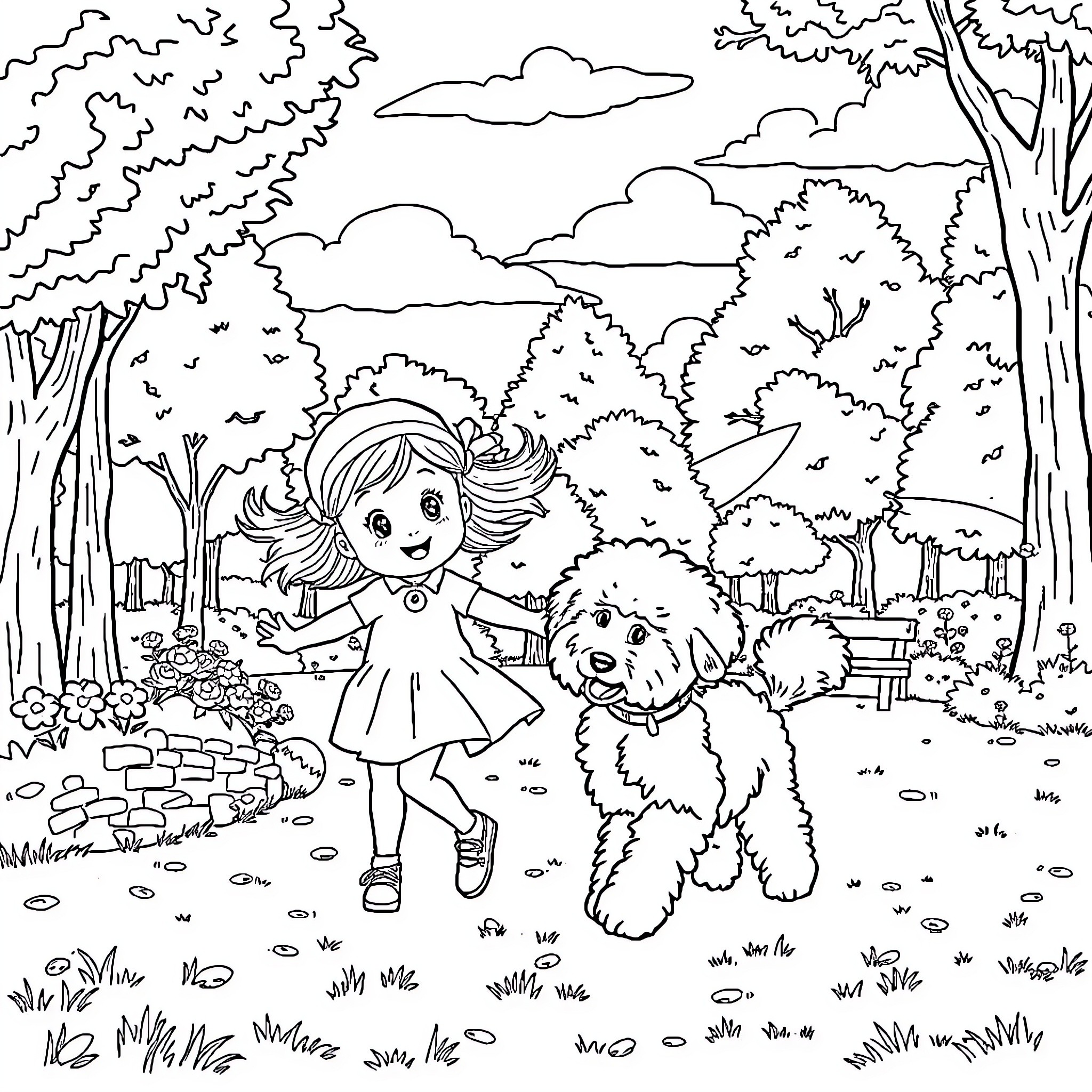 Girl and her fluffy dog exploring nature Coloring Page (free black-and-white line drawing printable PDF for all, from beginners to advanced learners, including children, teens, adults, and seniors)