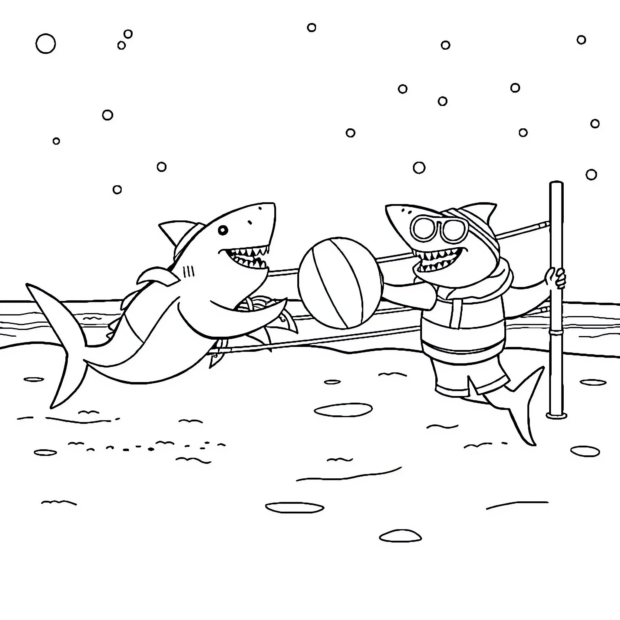 Shark playing with beach ball and scuba diver Coloring Page (free black-and-white line drawing printable PDF for all, from beginners to advanced learners, including children, teens, adults, and seniors)
