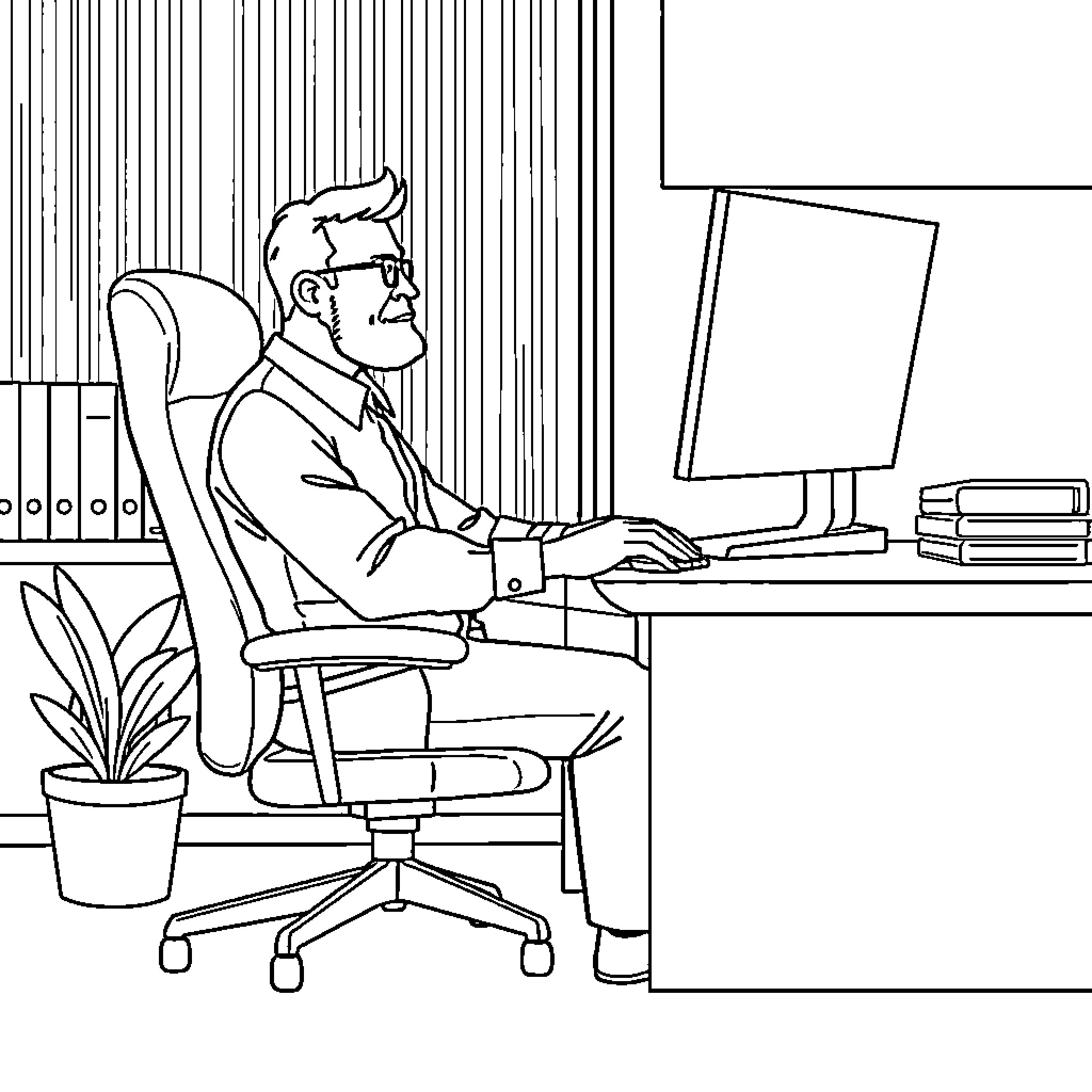 Worker sitting at desk focused on computer Coloring Page (free black-and-white line drawing printable PDF for all, from beginners to advanced learners, including children, teens, adults, and seniors)