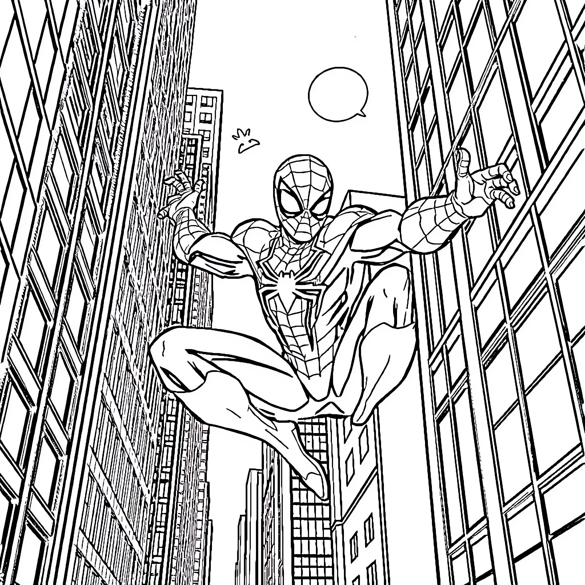 Spider-Man swinging through the city skyline Coloring Page (free black-and-white line drawing printable PDF for all, from beginners to advanced learners, including children, teens, adults, and seniors)