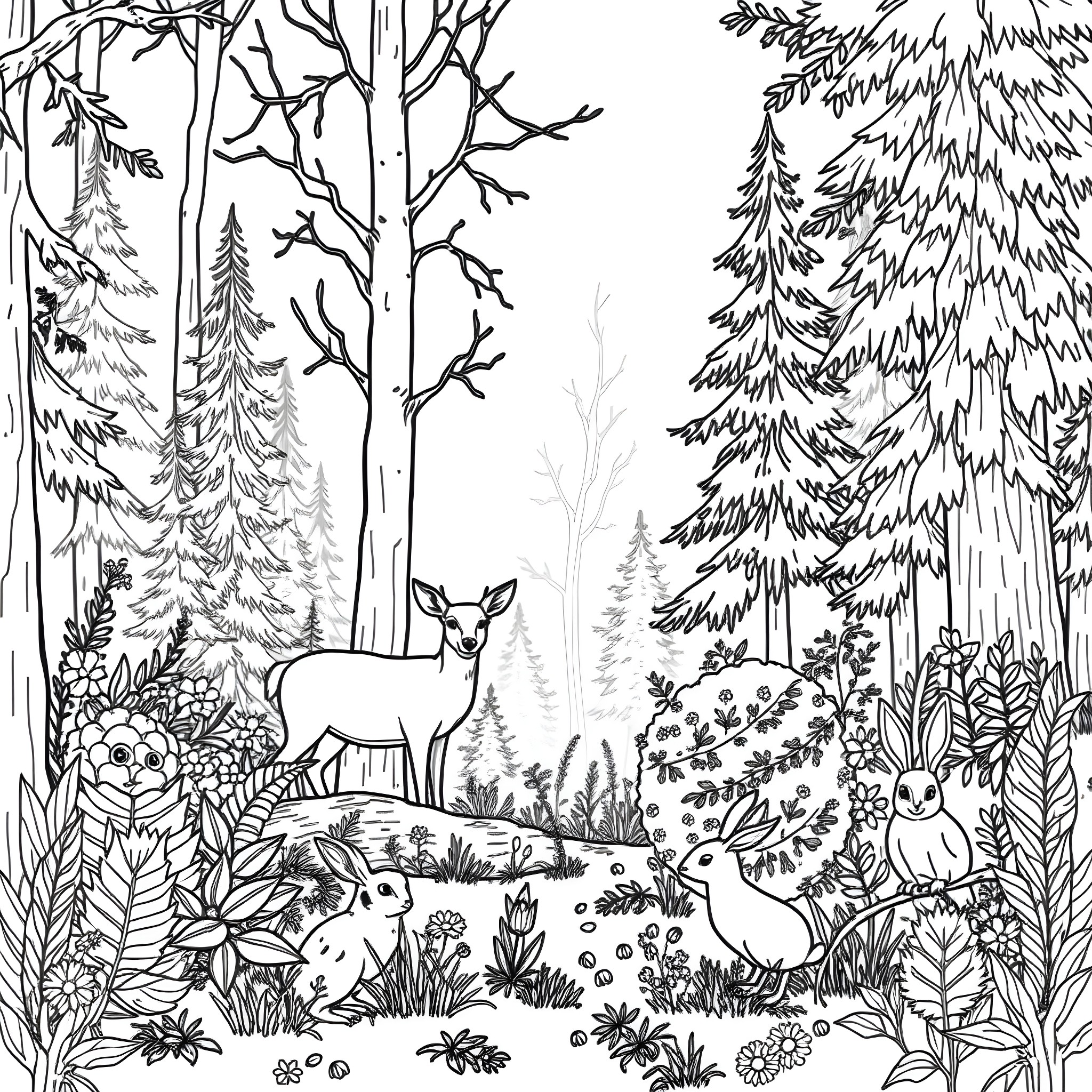 Animal forest scene with deer and rabbits Coloring Page (free black-and-white line drawing printable PDF for all, from beginners to advanced learners, including children, teens, adults, and seniors)