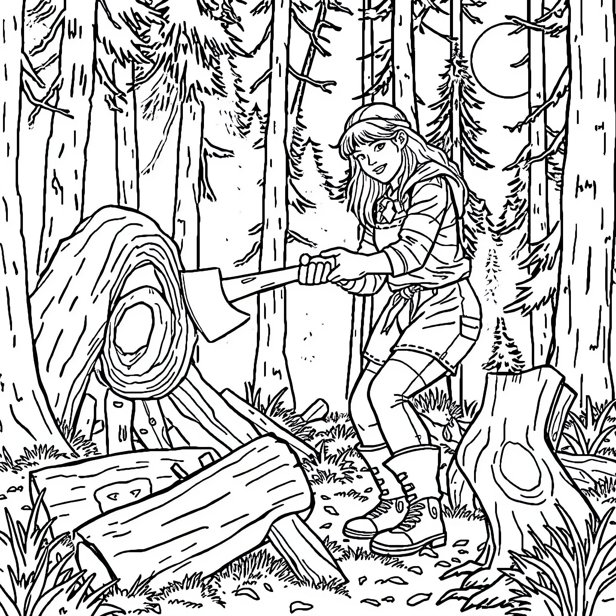 Ala Adventurous Hiker Explores the Enchanted Forest Coloring Page (free black-and-white line drawing printable PDF for all, from beginners to advanced learners, including children, teens, adults, and seniors)