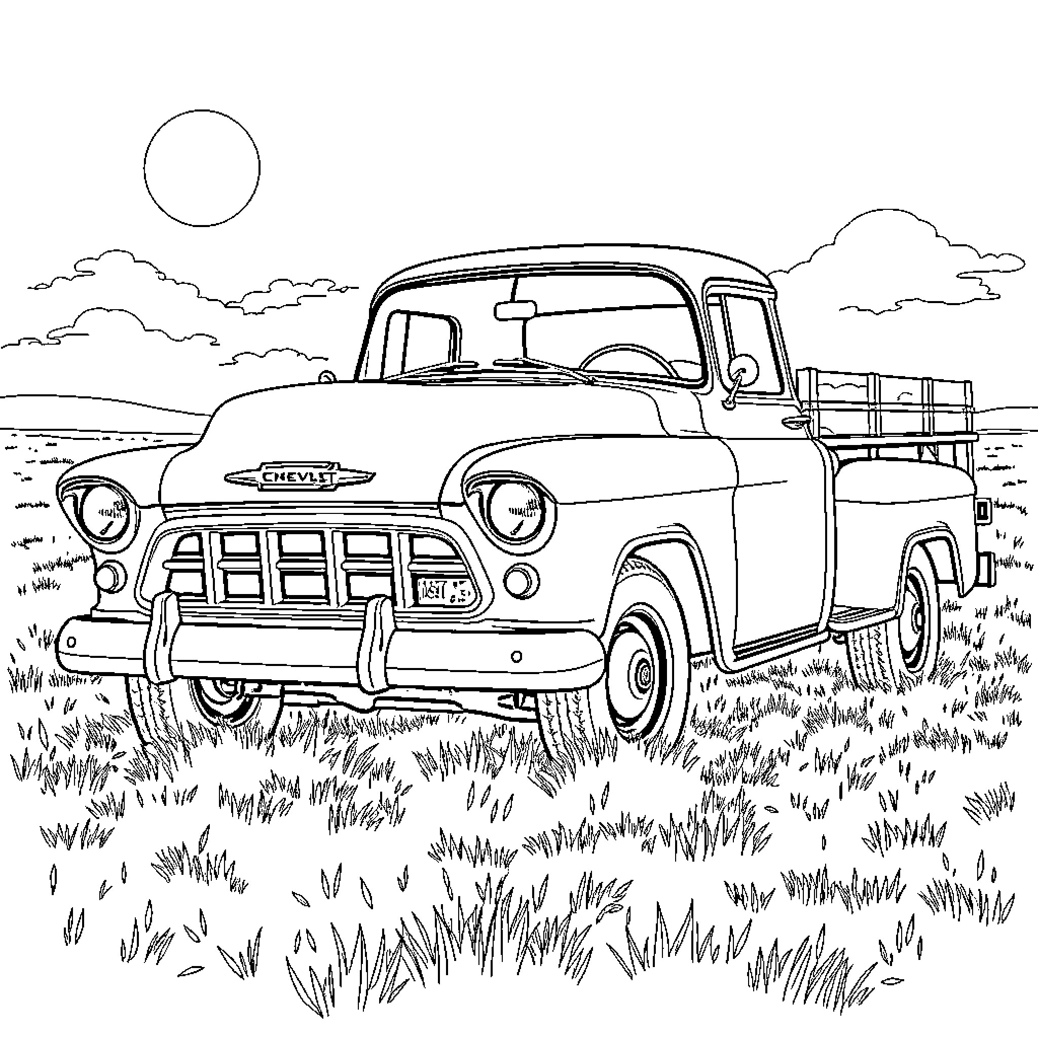 Chevy vintage pickup truck in rural landscape Coloring Page (free black-and-white line drawing printable PDF for all, from beginners to advanced learners, including children, teens, adults, and seniors)