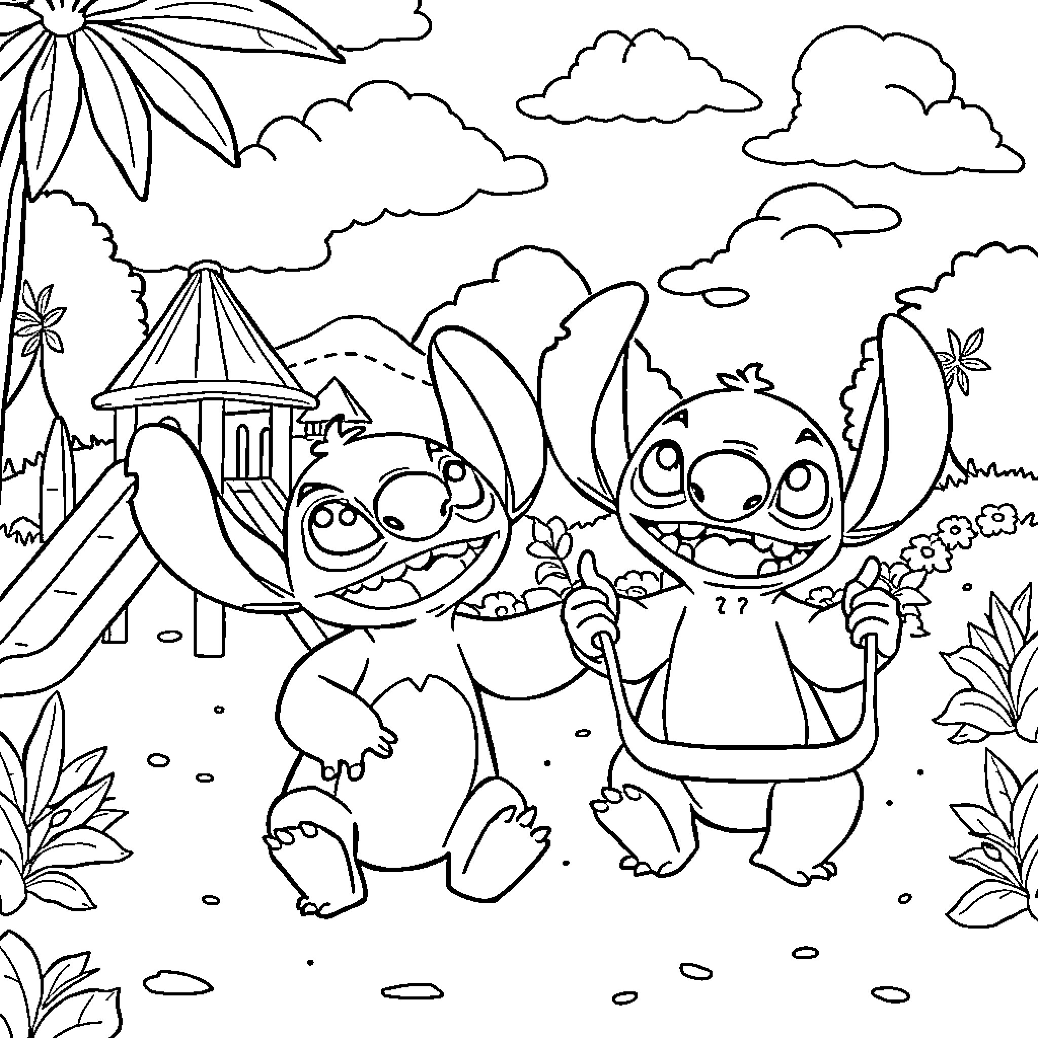Lilo and Stitch's Playful Adventure in Paradise Coloring Page (free black-and-white line drawing printable PDF for all, from beginners to advanced learners, including children, teens, adults, and seniors)