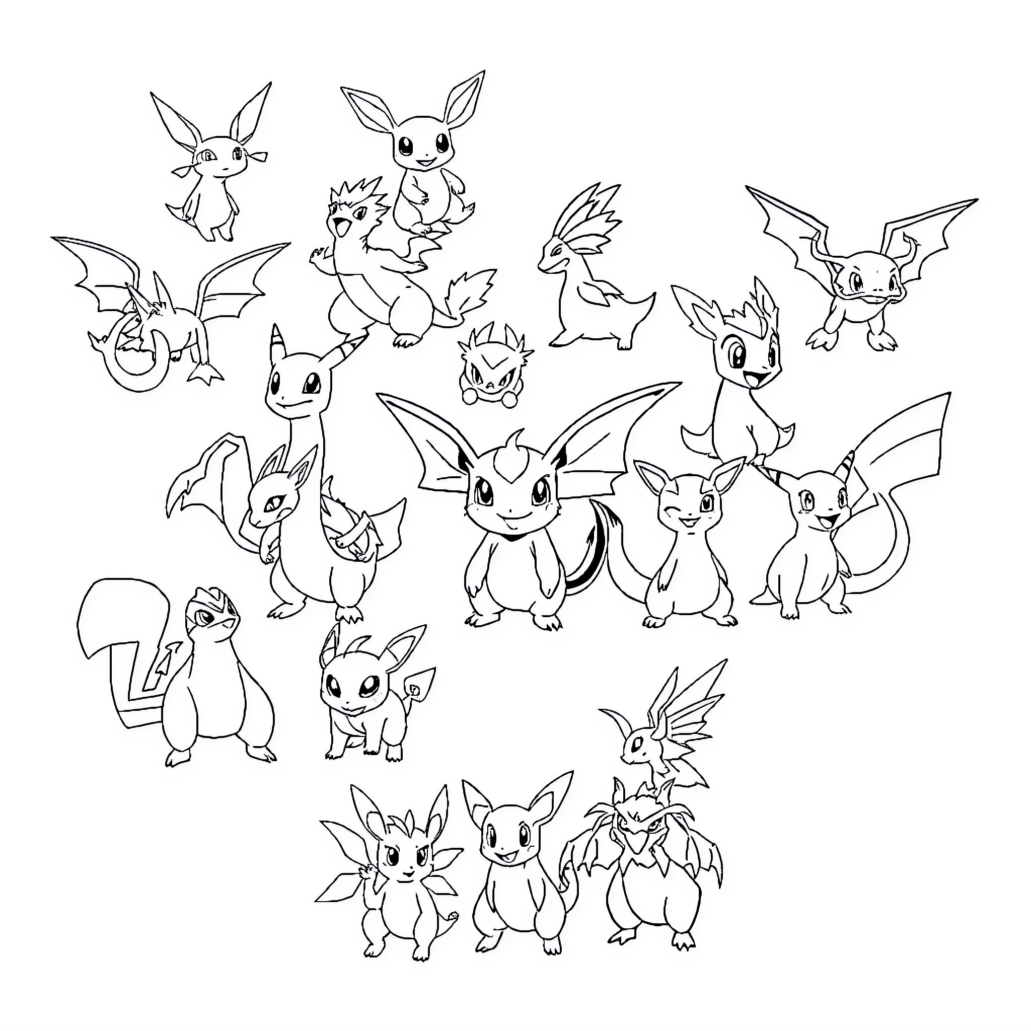Pokémon Characters in Various Poses and Expressions Coloring Page (free black-and-white line drawing printable PDF for all, from beginners to advanced learners, including children, teens, adults, and seniors)