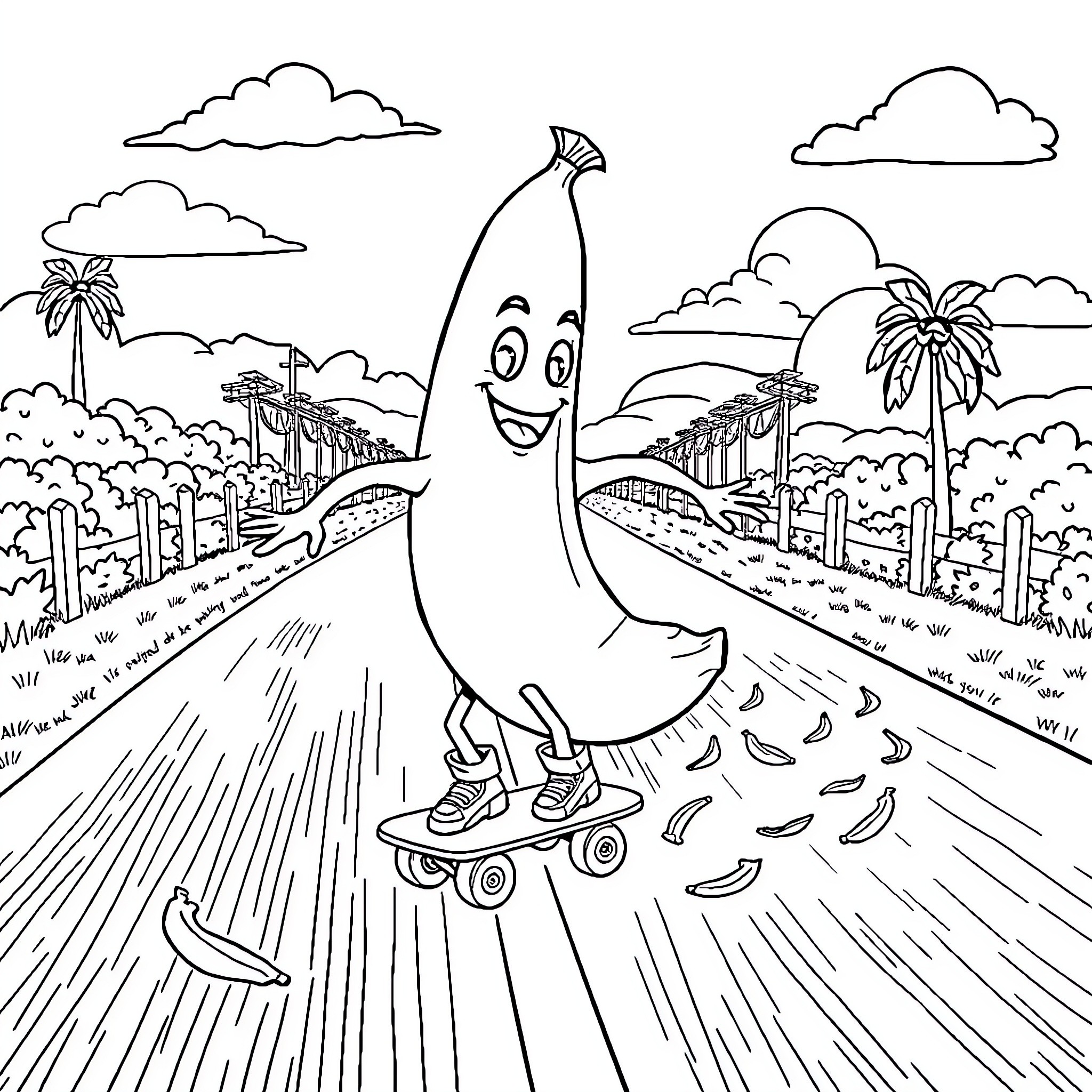 Banana riding a skateboard down the road Coloring Page (free black-and-white line drawing printable PDF for all, from beginners to advanced learners, including children, teens, adults, and seniors)