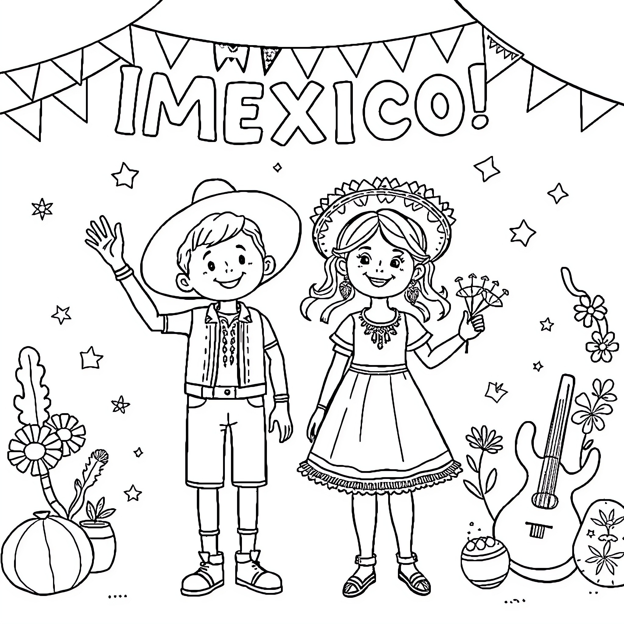 Child celebrating Mexican culture with traditional dress Coloring Page (free black-and-white line drawing printable PDF for all, from beginners to advanced learners, including children, teens, adults, and seniors)