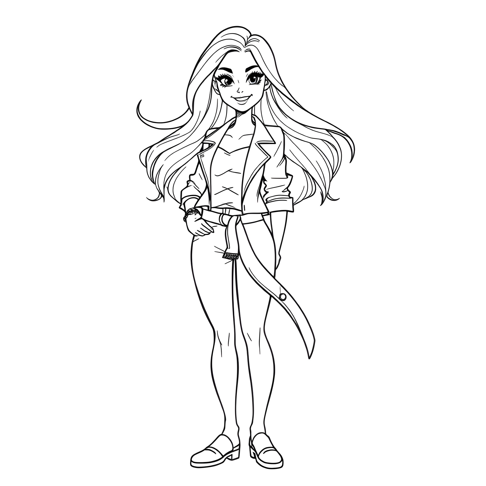 Girl in stylish attire with flowing hair Coloring Page (free black-and-white line drawing printable PDF for all, from beginners to advanced learners, including children, teens, adults, and seniors)