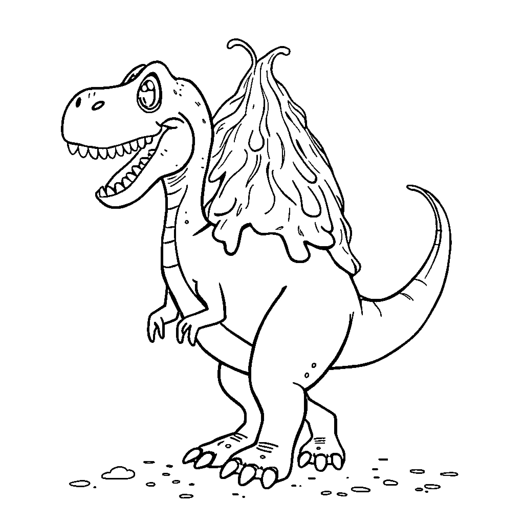 Dinosaur with goofy expression and flowing hair Coloring Page (free black-and-white line drawing printable PDF for all, from beginners to advanced learners, including children, teens, adults, and seniors)