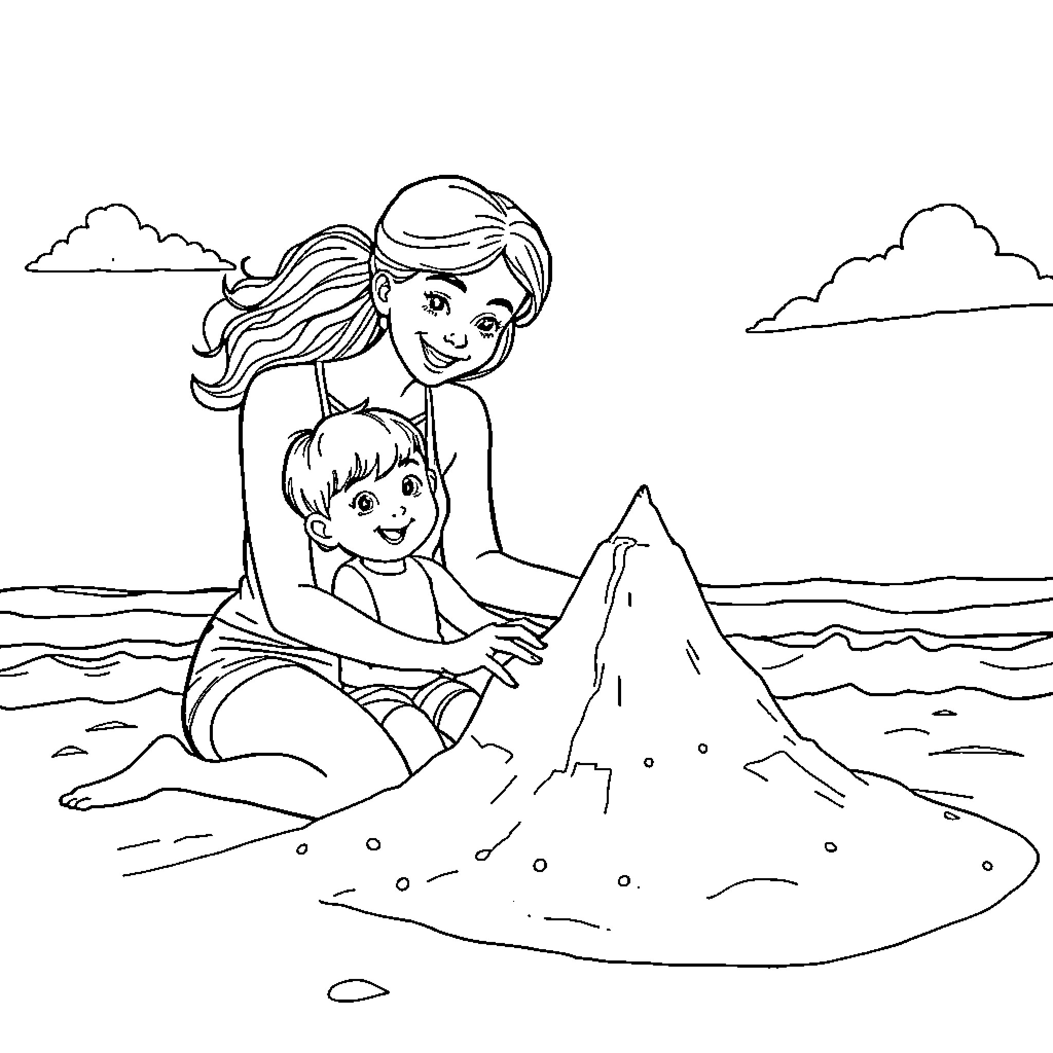 Mother and Child Building a Sandcastle at the Beach Coloring Page (free black-and-white line drawing printable PDF for all, from beginners to advanced learners, including children, teens, adults, and seniors)