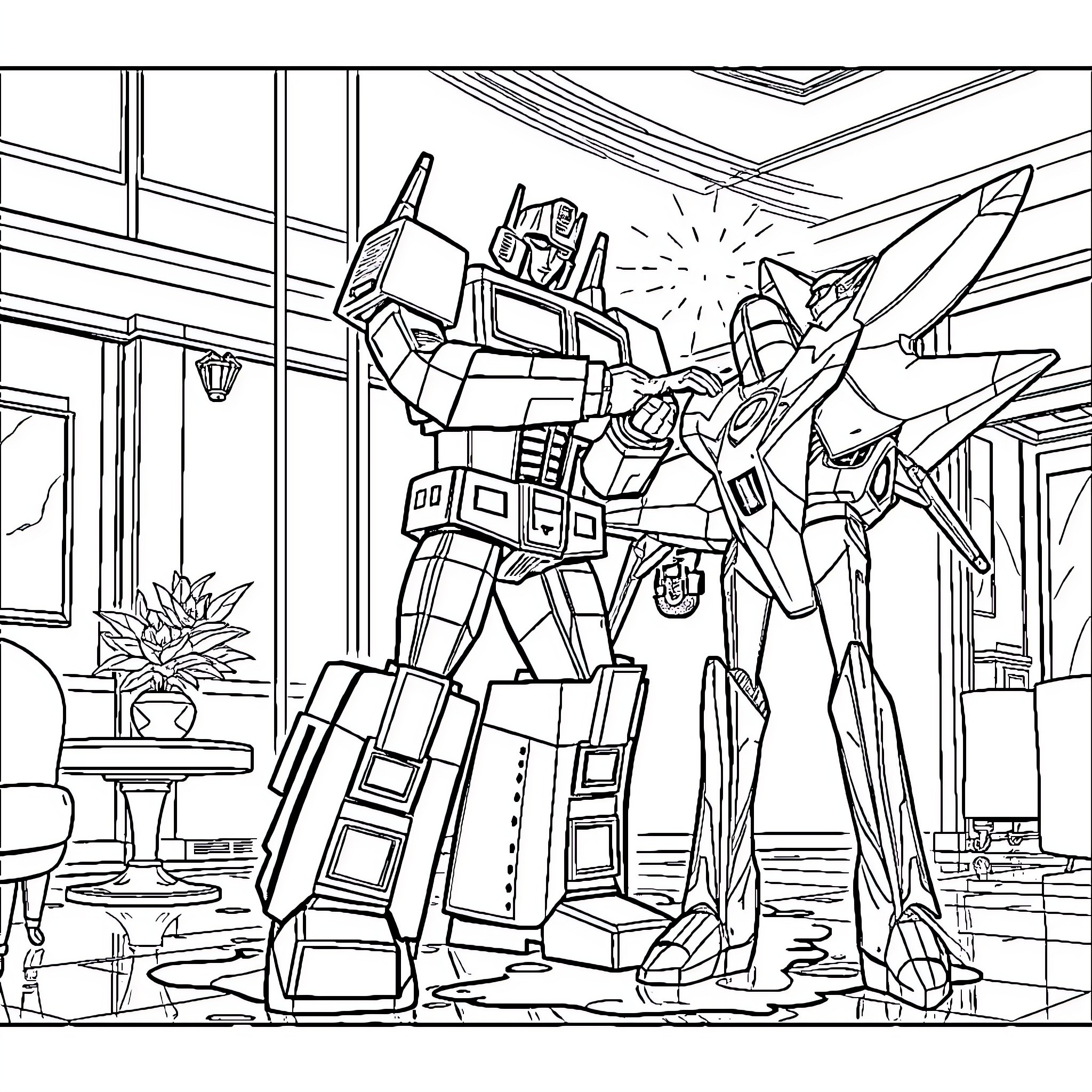Optimus Prime Heroic Transformation in Futuristic Room Coloring Page (free black-and-white line drawing printable PDF for all, from beginners to advanced learners, including children, teens, adults, and seniors)