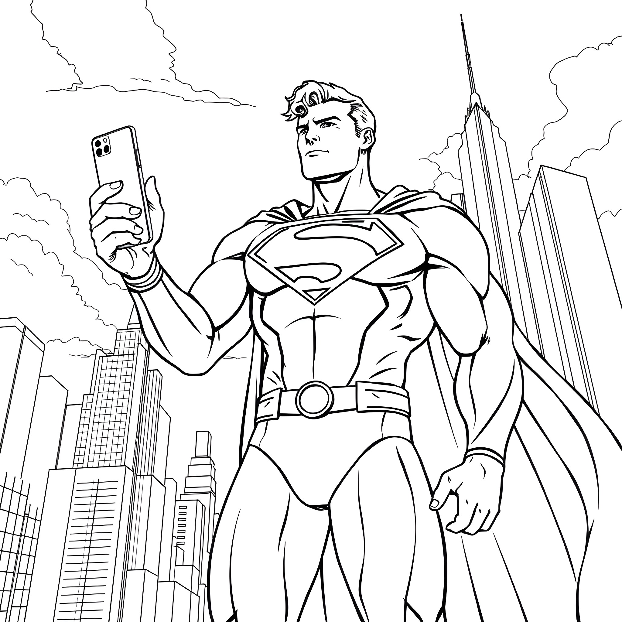 Superman taking a selfie in the city Coloring Page (free black-and-white line drawing printable PDF for all, from beginners to advanced learners, including children, teens, adults, and seniors)
