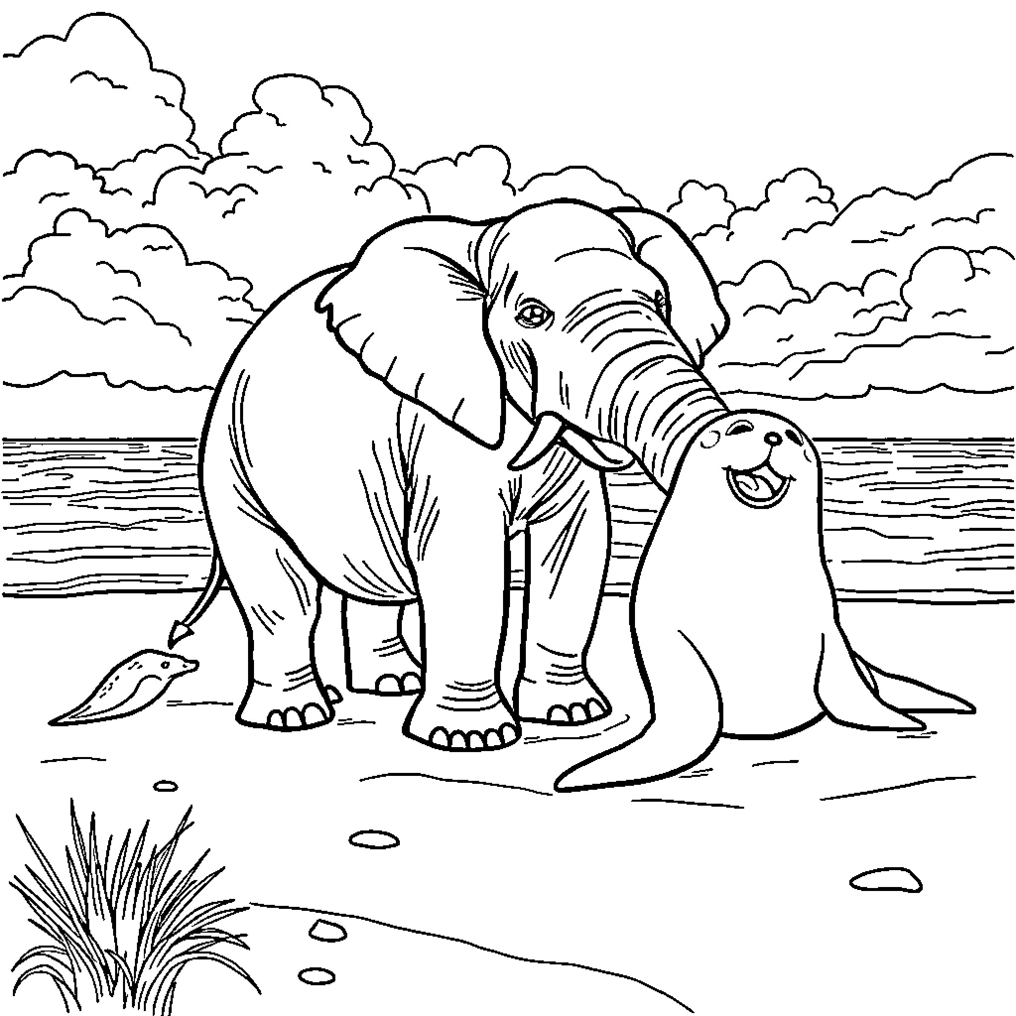 Elephant enjoying a playful moment on the shore Coloring Page (free black-and-white line drawing printable PDF for all, from beginners to advanced learners, including children, teens, adults, and seniors)
