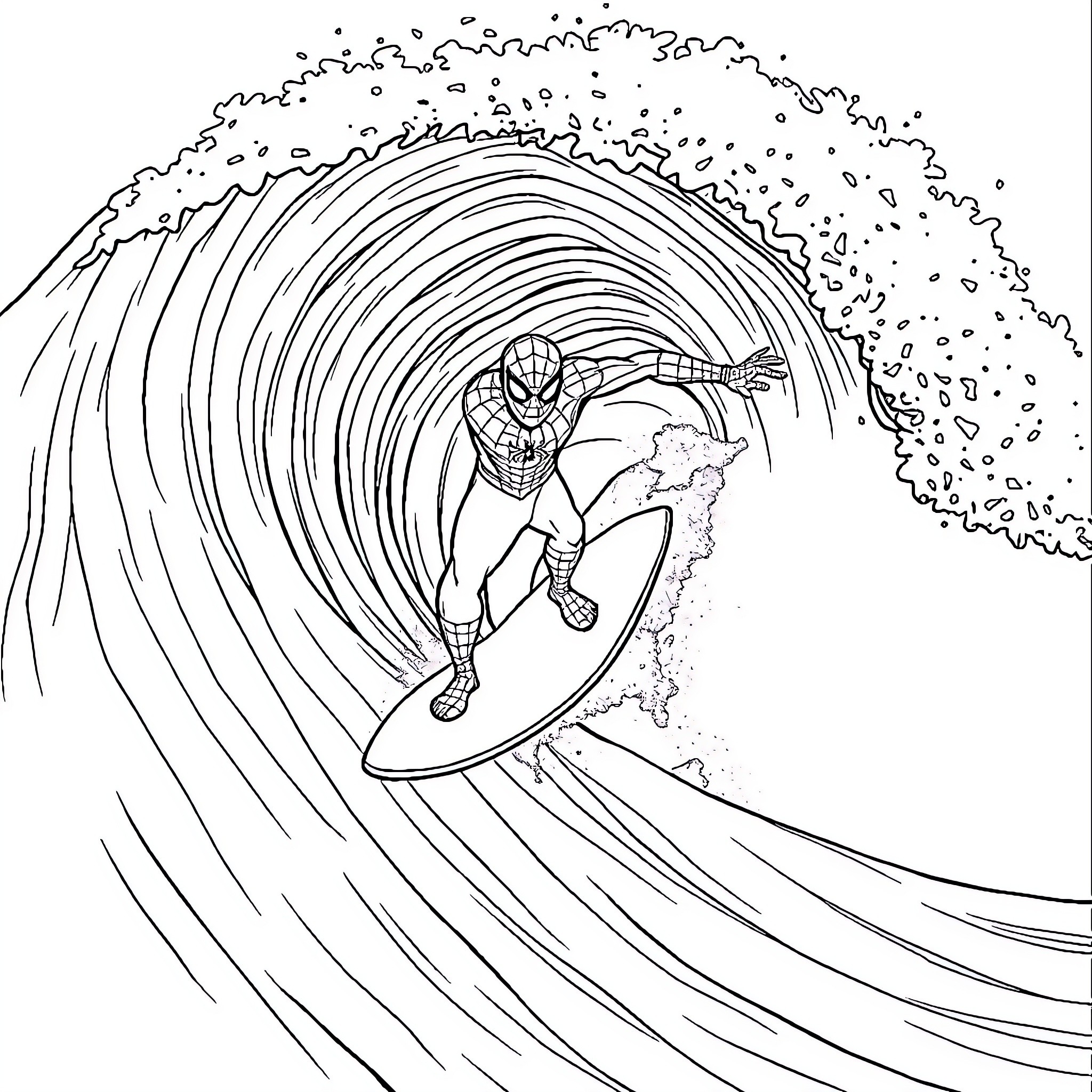 Spiderman Surfing Powerful Waves Coloring Page (free black-and-white line drawing printable PDF for all, from beginners to advanced learners, including children, teens, adults, and seniors)