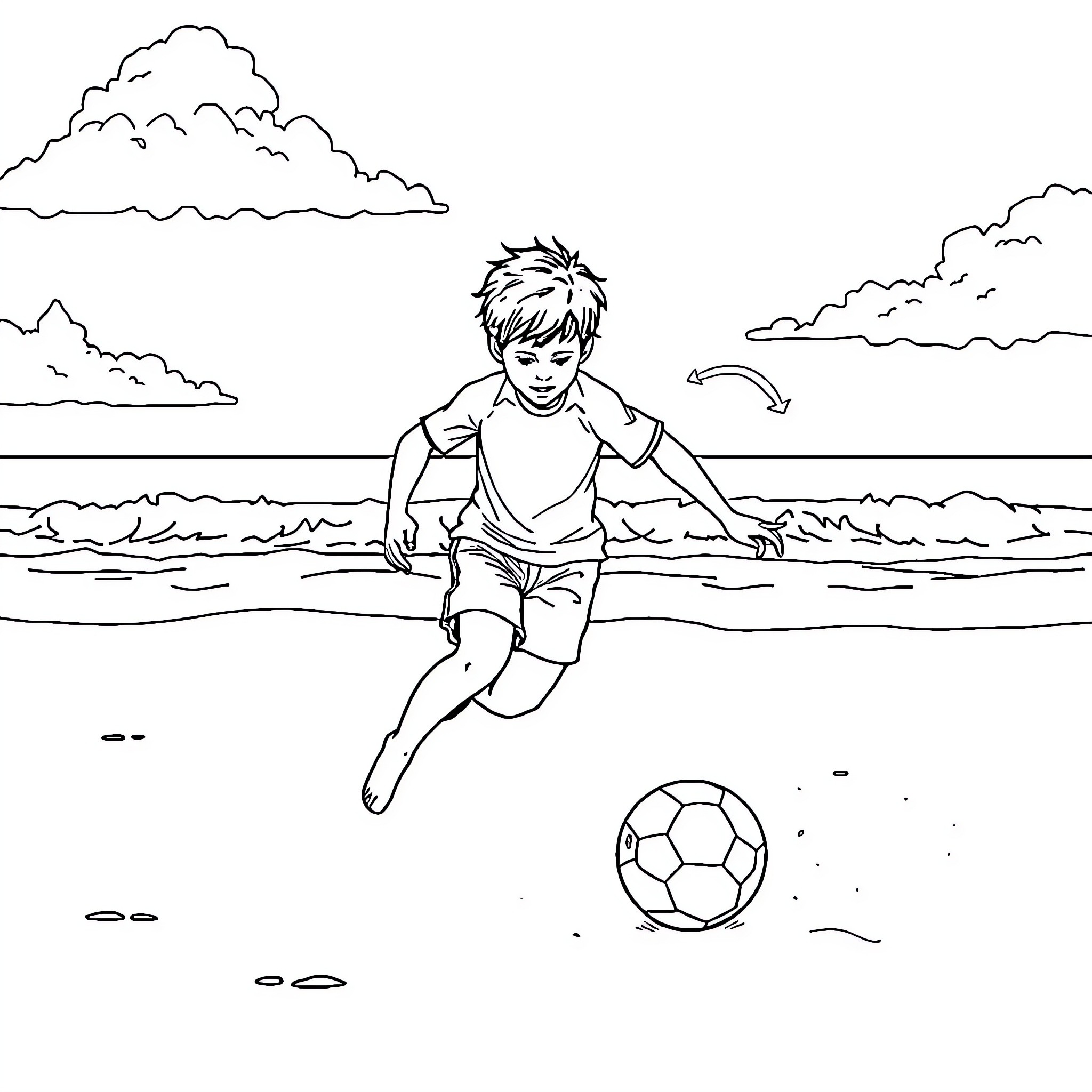 Boy playing with soccer ball on the beach Coloring Page (free black-and-white line drawing printable PDF for all, from beginners to advanced learners, including children, teens, adults, and seniors)