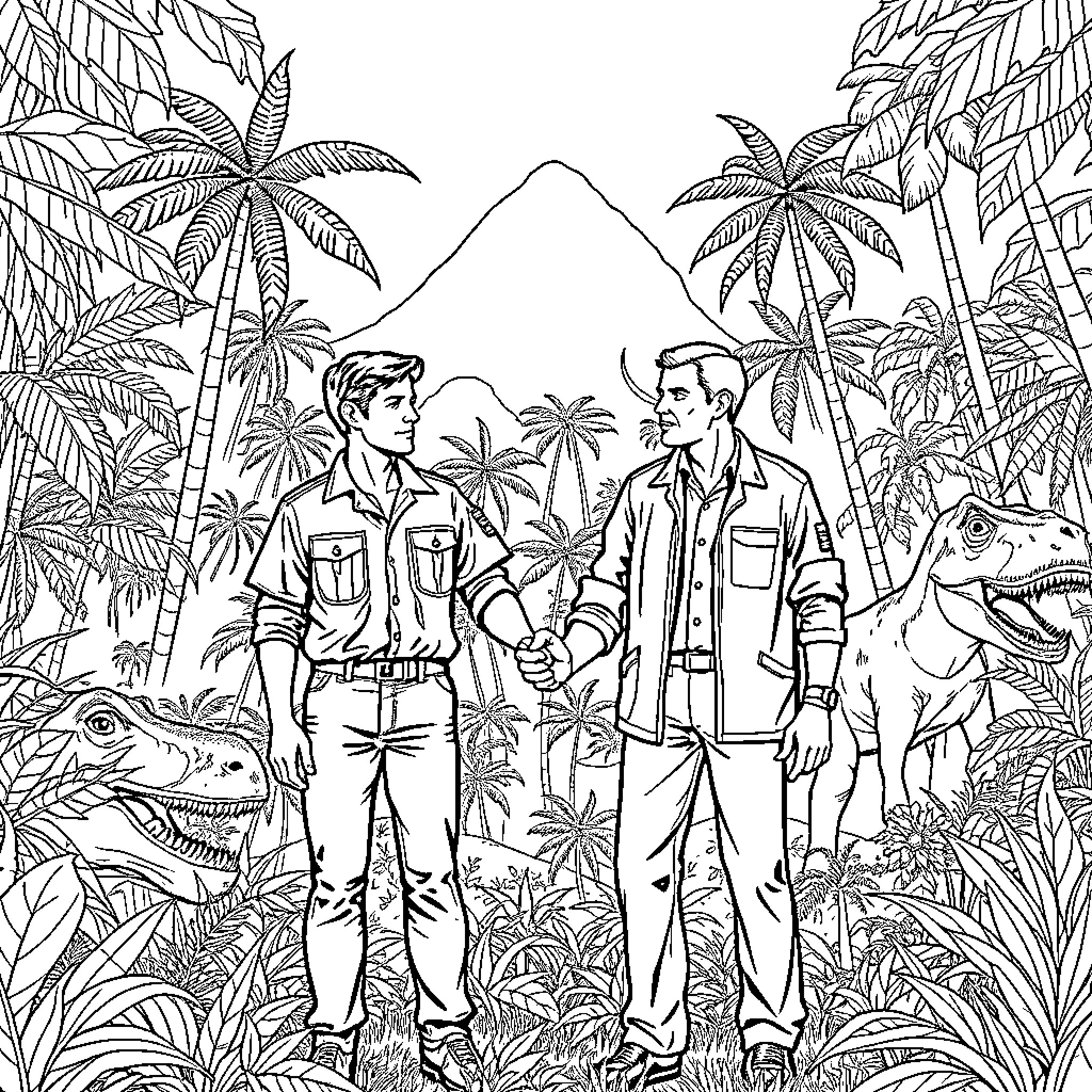 Alan Grant and companions exploring the prehistoric jungle Coloring Page (free black-and-white line drawing printable PDF for all, from beginners to advanced learners, including children, teens, adults, and seniors)