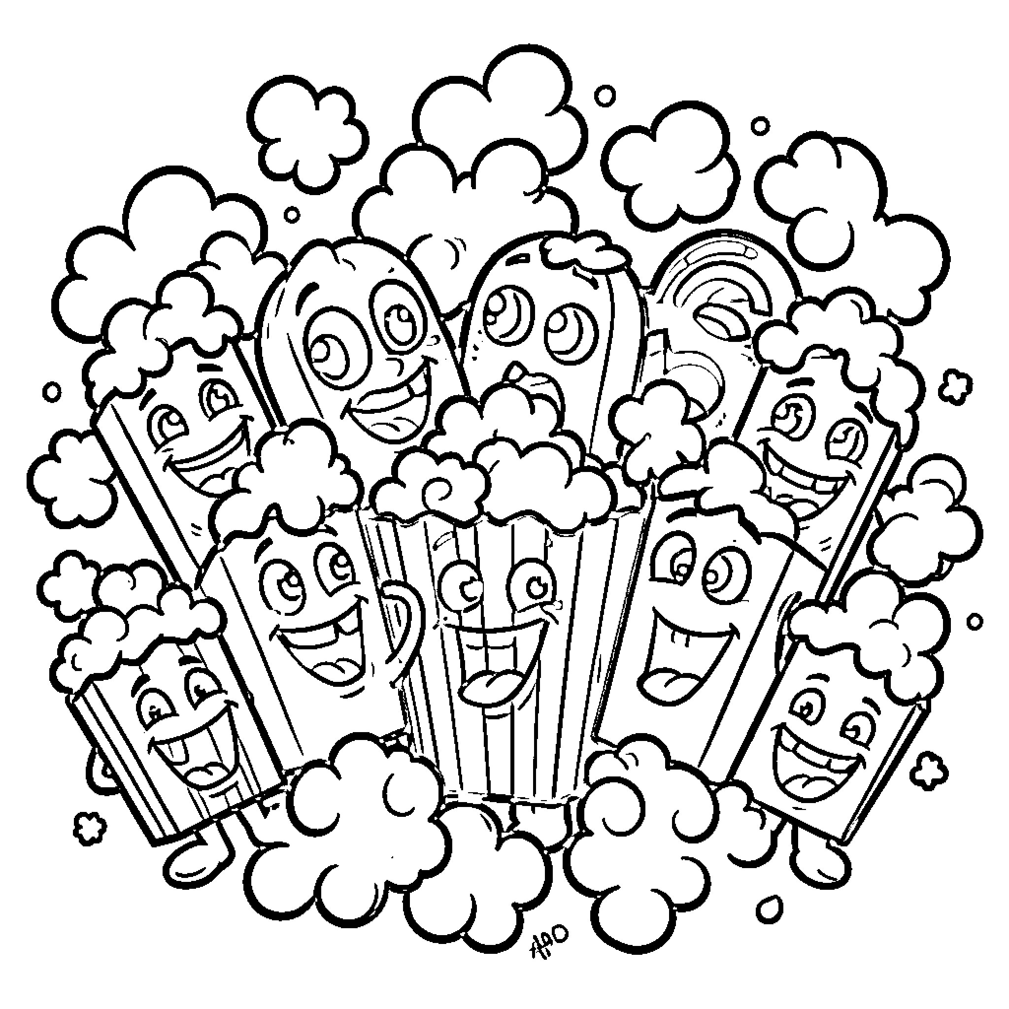 Popcorn characters happily popping in the air Coloring Page (free black-and-white line drawing printable PDF for all, from beginners to advanced learners, including children, teens, adults, and seniors)