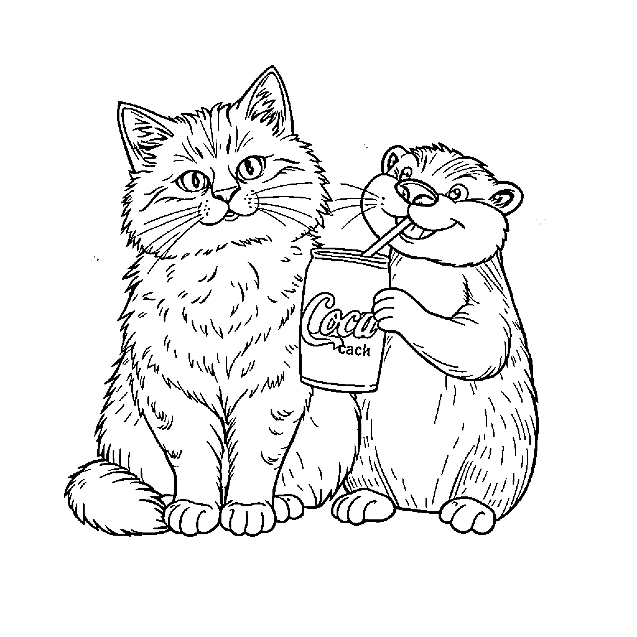 Cat and squirrel enjoying a cocoa break Coloring Page (free black-and-white line drawing printable PDF for all, from beginners to advanced learners, including children, teens, adults, and seniors)