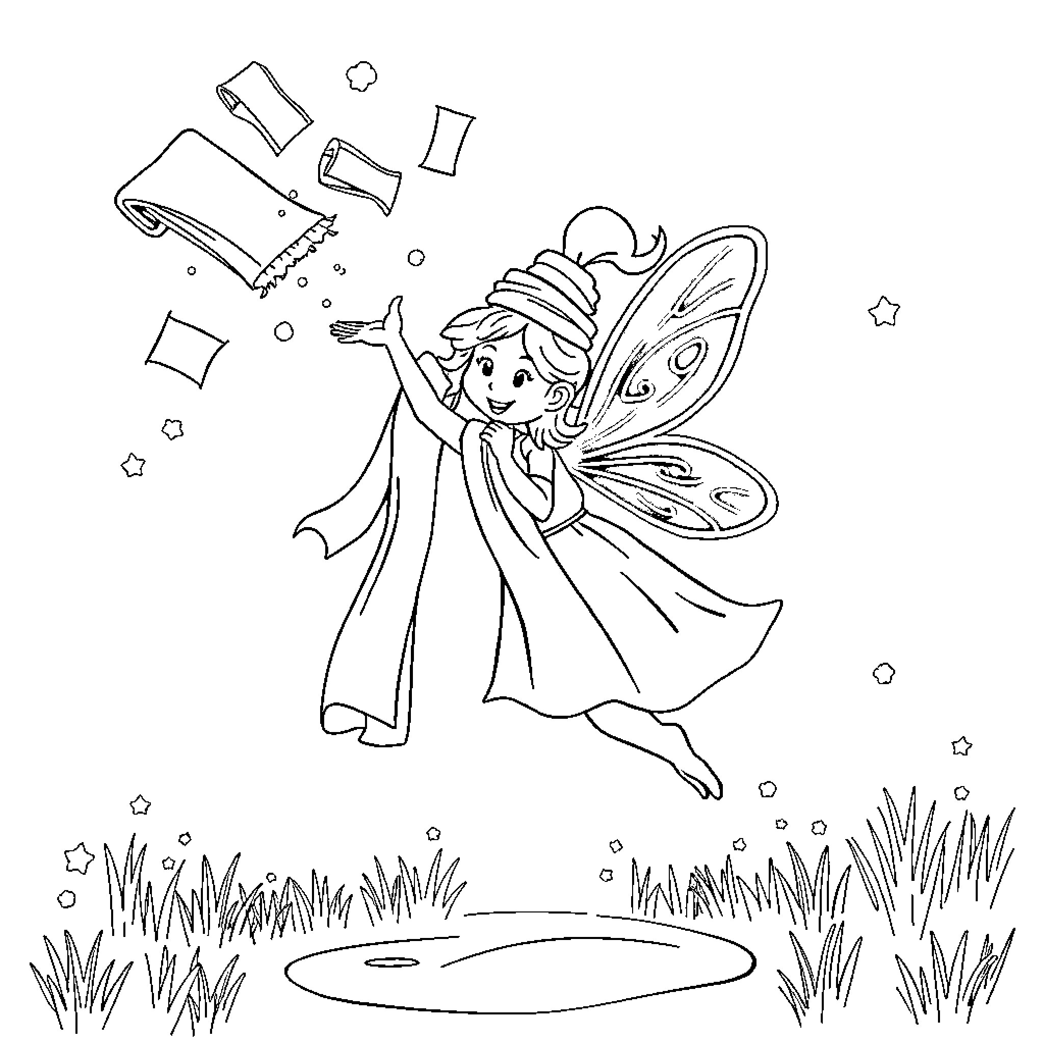 Fairy dancing joyfully in the meadow Coloring Page (free black-and-white line drawing printable PDF for all, from beginners to advanced learners, including children, teens, adults, and seniors)