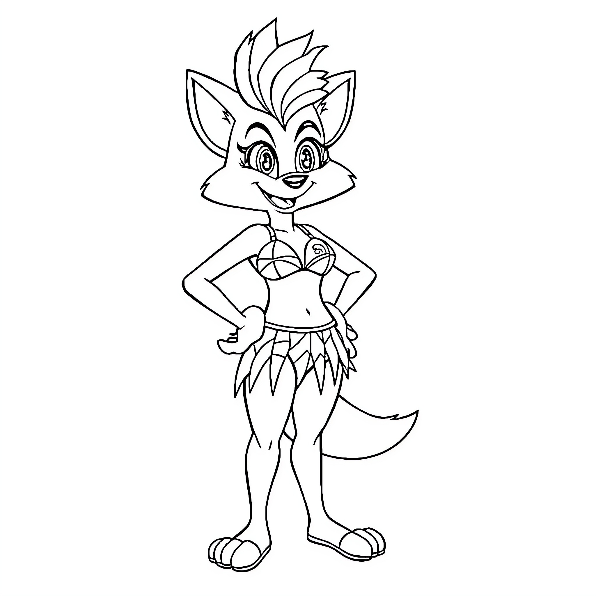 Coco Bandicoot striking a confident pose Coloring Page (free black-and-white line drawing printable PDF for all, from beginners to advanced learners, including children, teens, adults, and seniors)