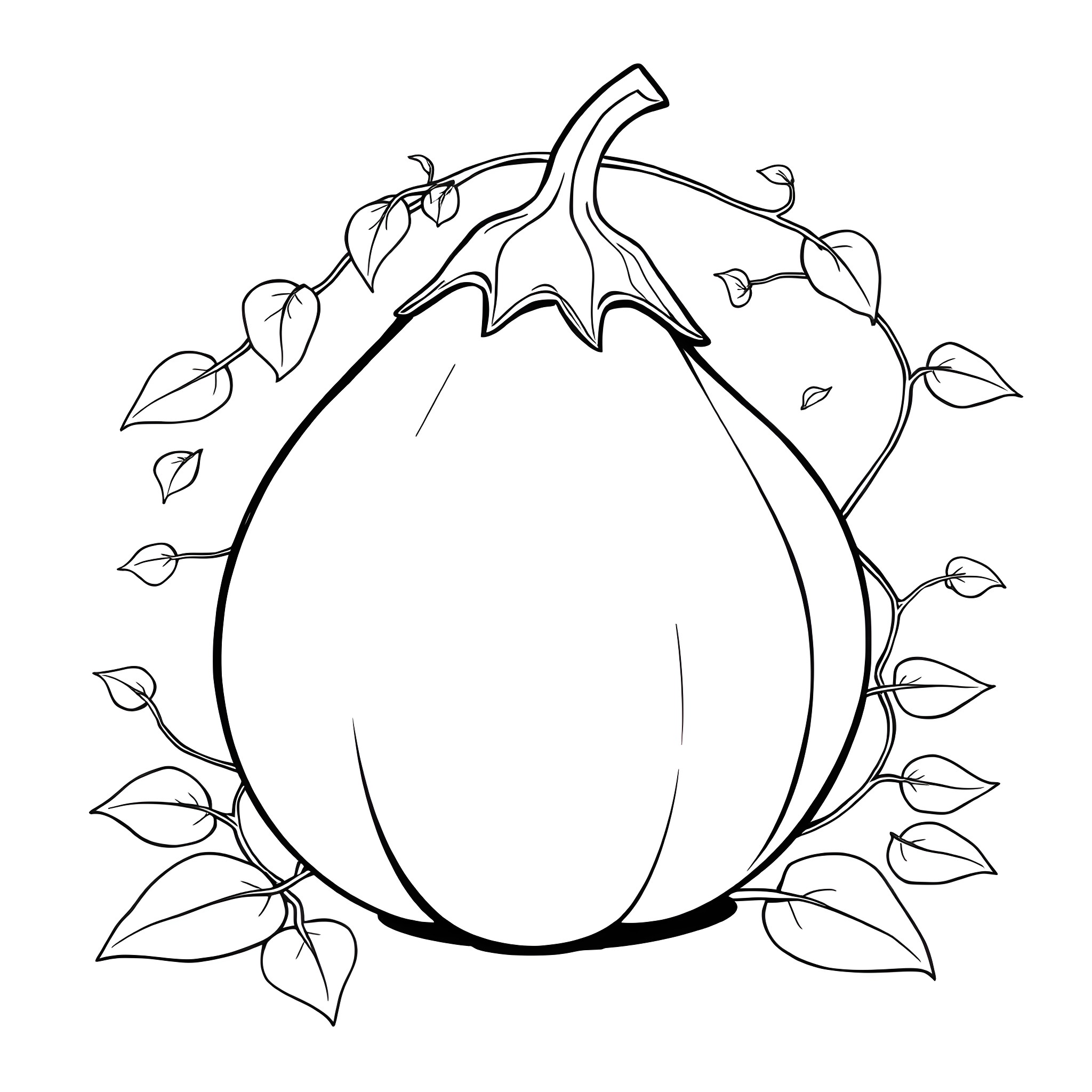 Eggplant surrounded by leaves Coloring Page (free black-and-white line drawing printable PDF for all, from beginners to advanced learners, including children, teens, adults, and seniors)