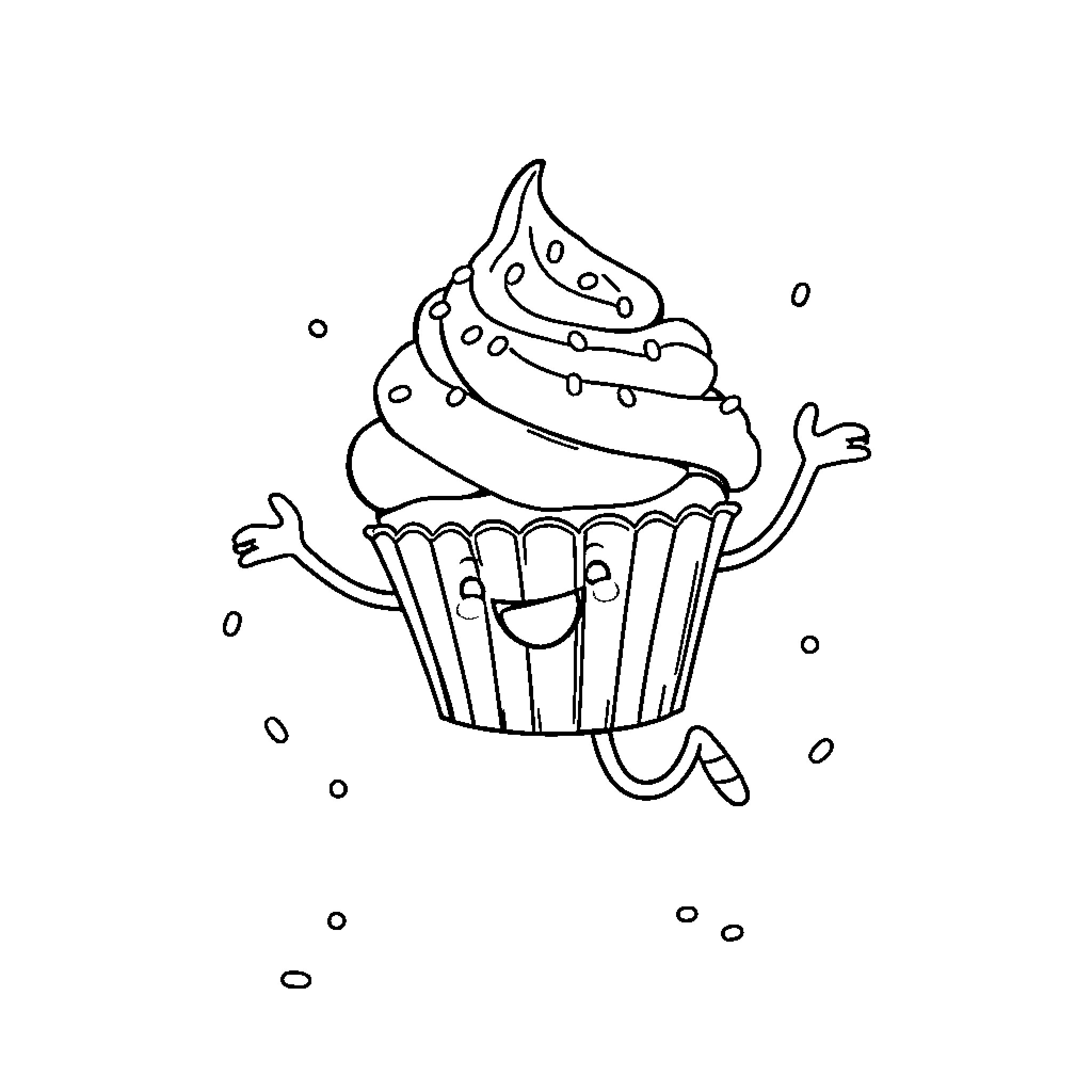 Cupcake dancing with joy Coloring Page (free black-and-white line drawing printable PDF for all, from beginners to advanced learners, including children, teens, adults, and seniors)