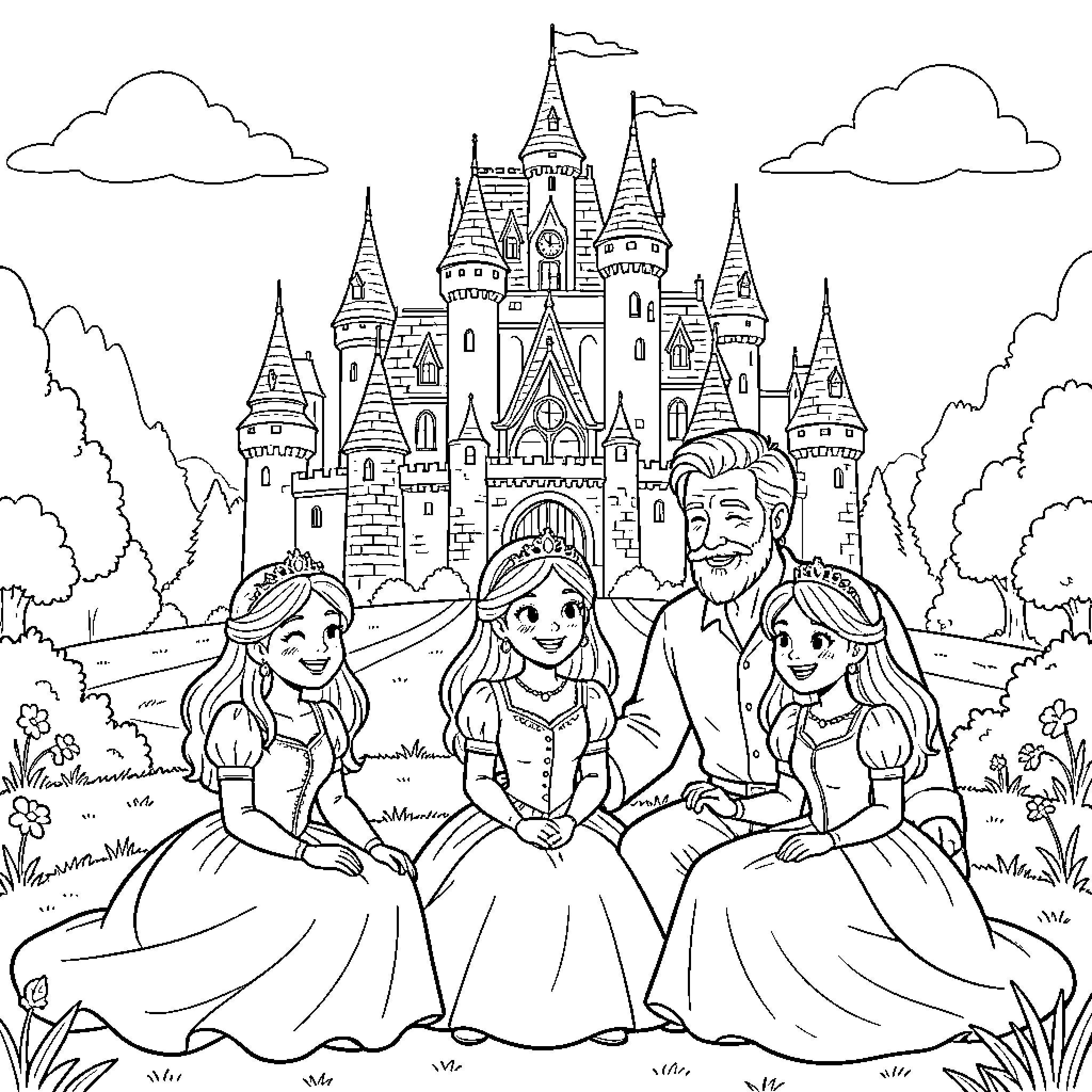 Princesses smiling together with their father in front of a castle Coloring Page (free black-and-white line drawing printable PDF for all, from beginners to advanced learners, including children, teens, adults, and seniors)