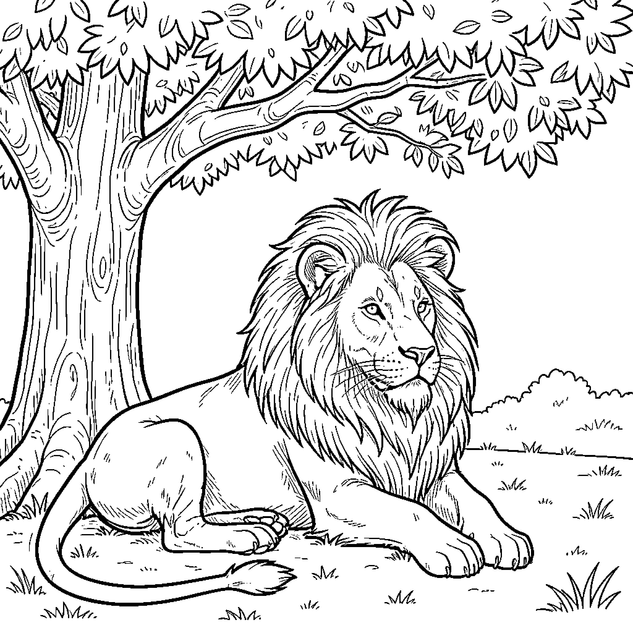 Lion resting peacefully under the tree Coloring Page (free black-and-white line drawing printable PDF for all, from beginners to advanced learners, including children, teens, adults, and seniors)