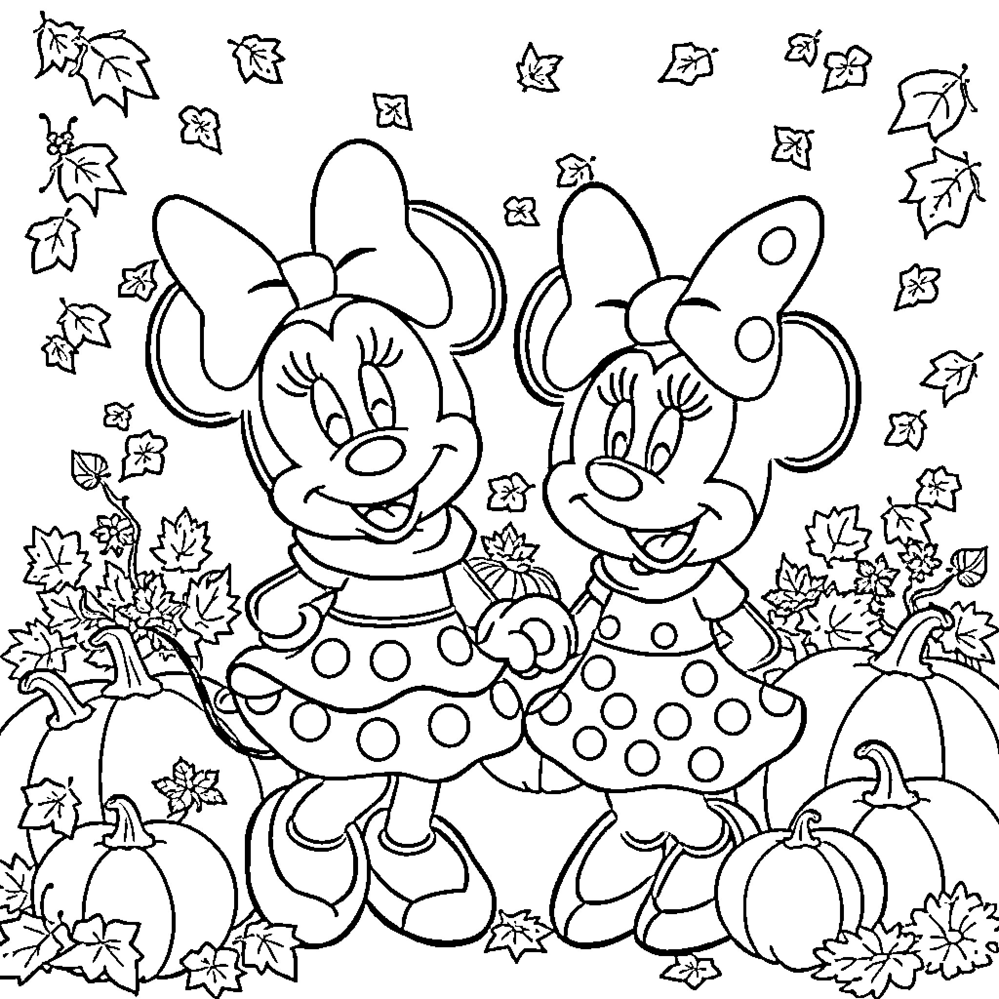 Minnie Mouse and Mickey Mouse in Autumn Outfits Coloring Page (free black-and-white line drawing printable PDF for all, from beginners to advanced learners, including children, teens, adults, and seniors)