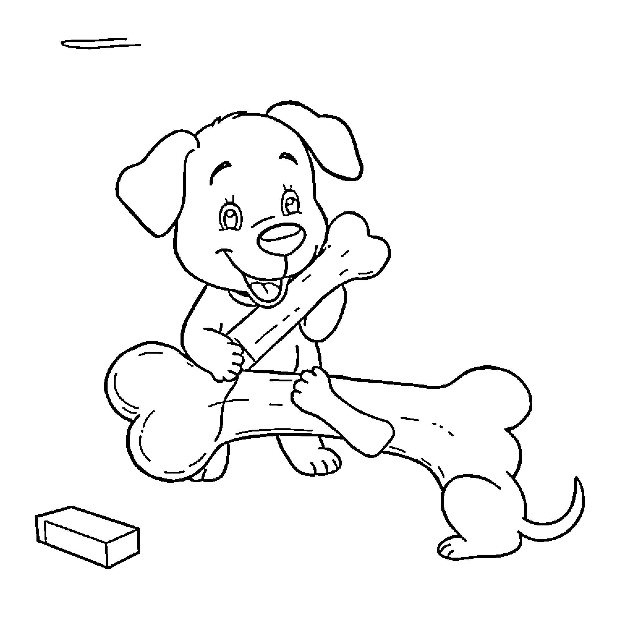 Dog chewing on a bone happily Coloring Page (free black-and-white line drawing printable PDF for all, from beginners to advanced learners, including children, teens, adults, and seniors)