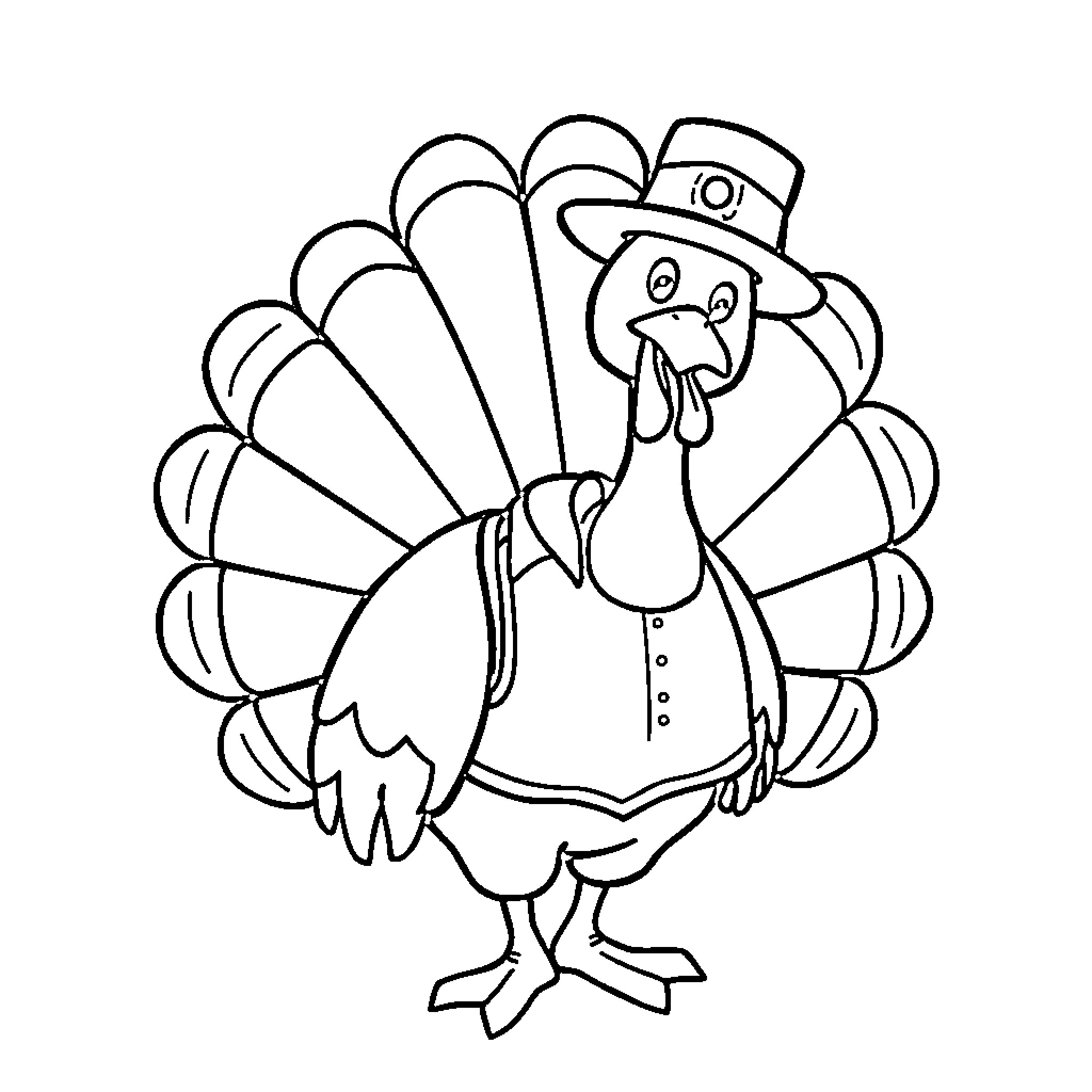 Turkey wearing a hat posing happily Coloring Page (free black-and-white line drawing printable PDF for all, from beginners to advanced learners, including children, teens, adults, and seniors)