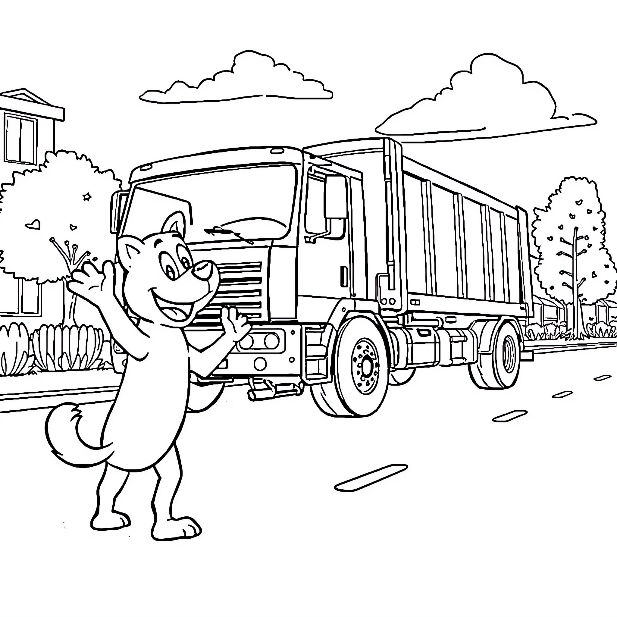 Bluey Waves Goodbye to the Garbage Truck Coloring Page (free black-and-white line drawing printable PDF for all, from beginners to advanced learners, including children, teens, adults, and seniors)