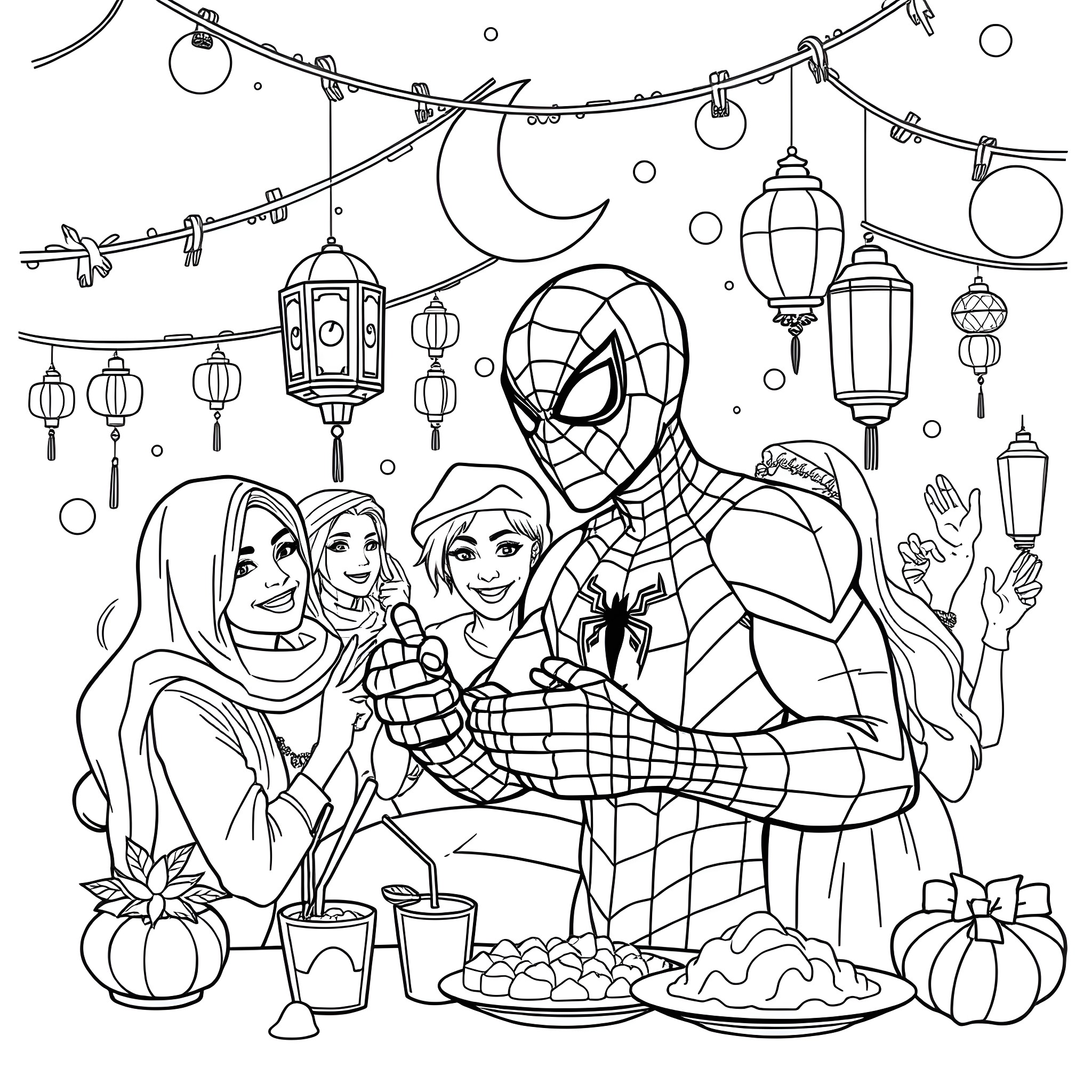 Spiderman Celebrating Eid al-Fitr with Friends Coloring Page (free black-and-white line drawing printable PDF for all, from beginners to advanced learners, including children, teens, adults, and seniors)