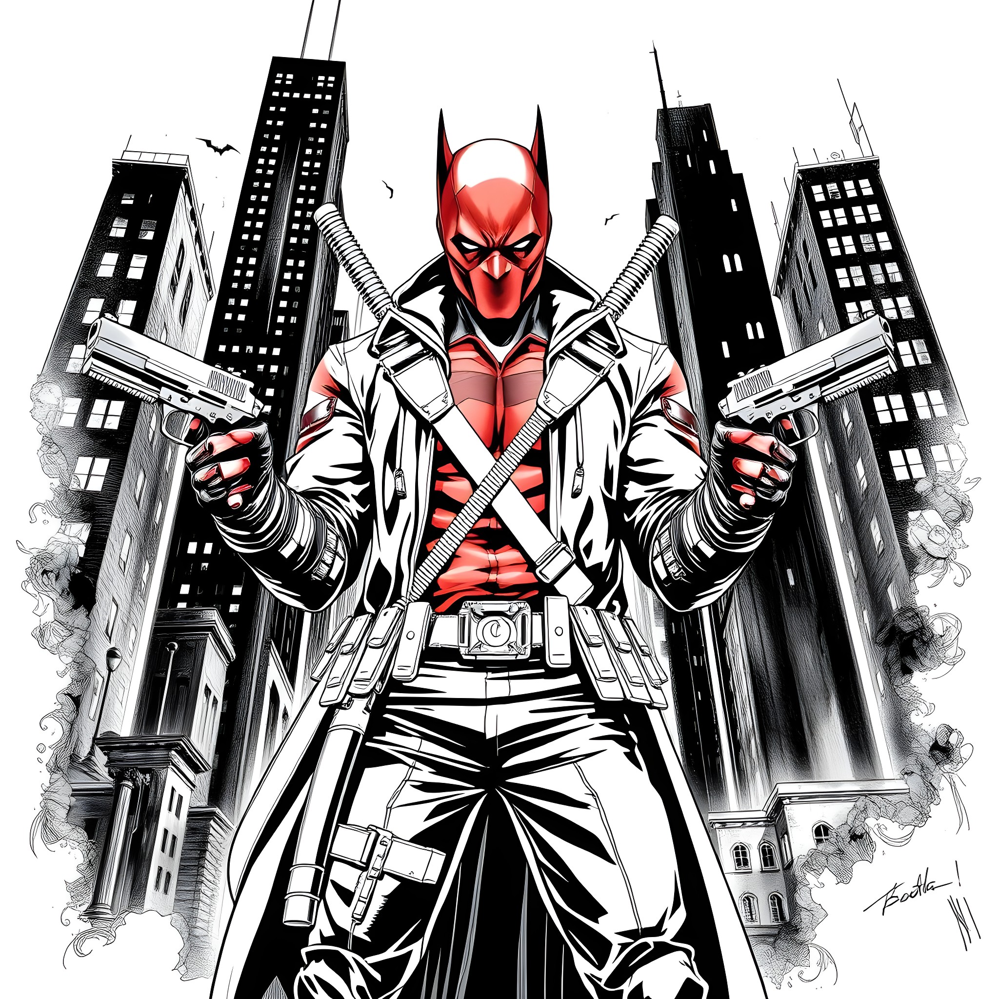 Red Hood Unleashed in the City Coloring Page (free black-and-white line drawing printable PDF for all, from beginners to advanced learners, including children, teens, adults, and seniors)