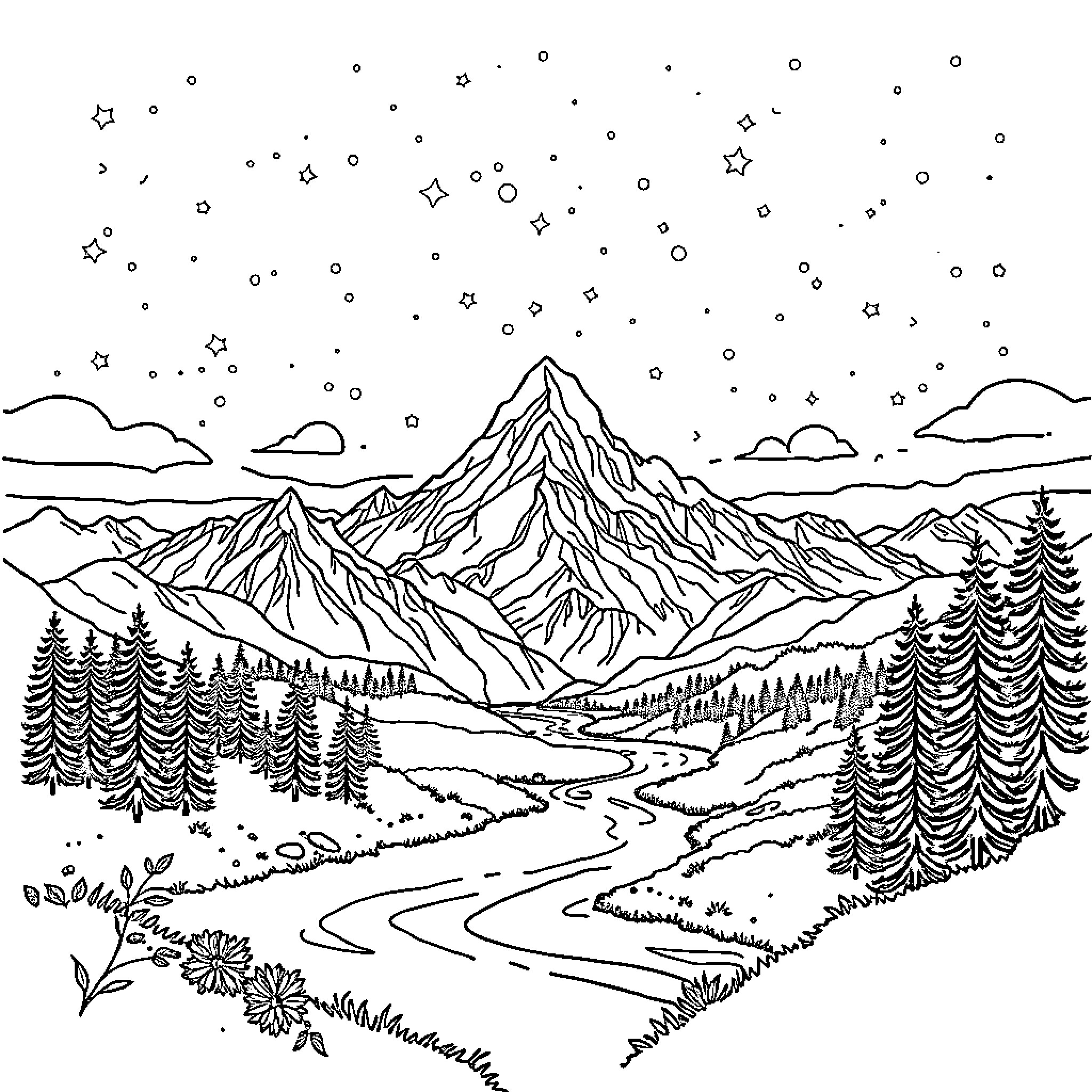 Landscape with mountains, forests, and starry sky Coloring Page (free black-and-white line drawing printable PDF for all, from beginners to advanced learners, including children, teens, adults, and seniors)