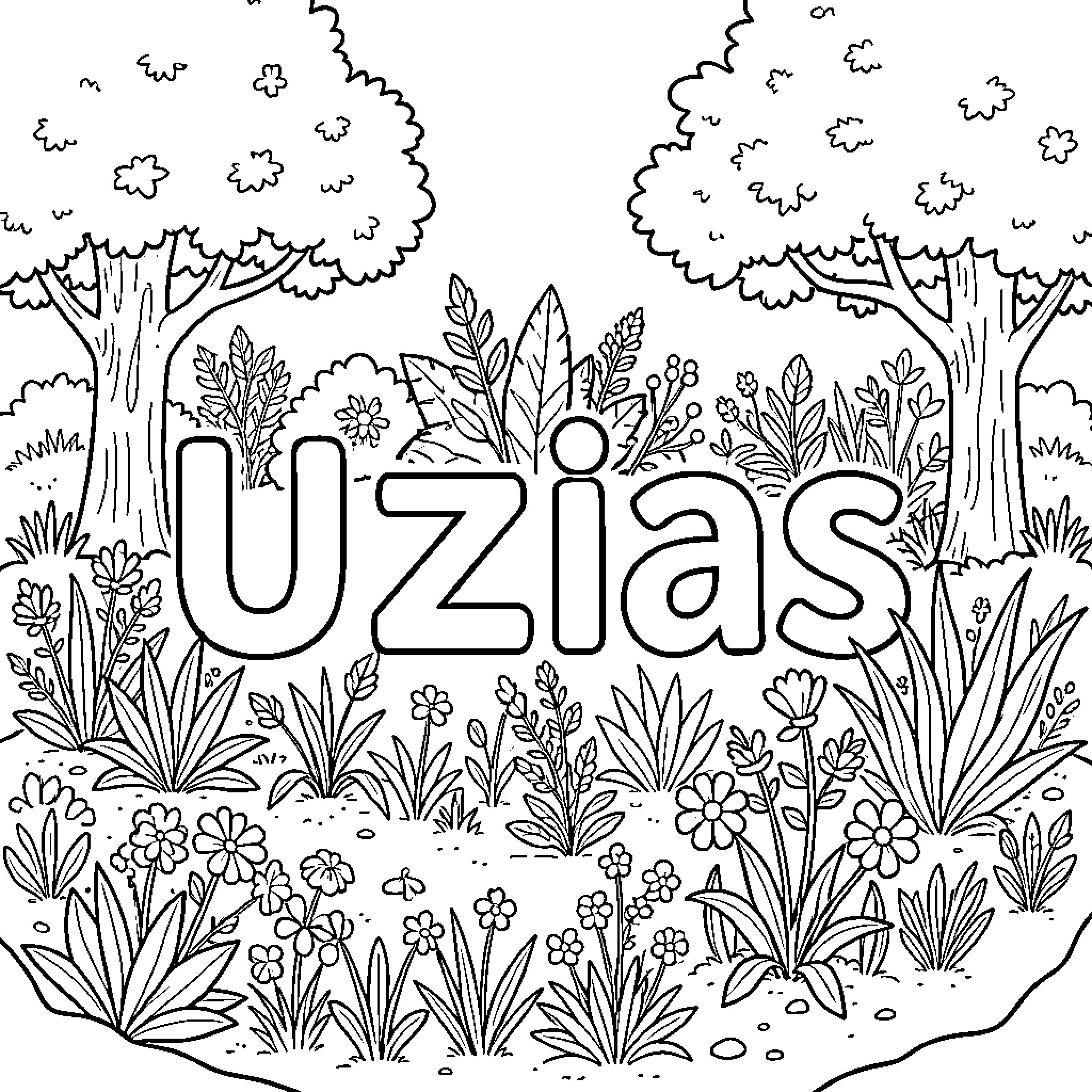 Uzias surrounded by a lush garden of flowers and trees Coloring Page (free black-and-white line drawing printable PDF for all, from beginners to advanced learners, including children, teens, adults, and seniors)
