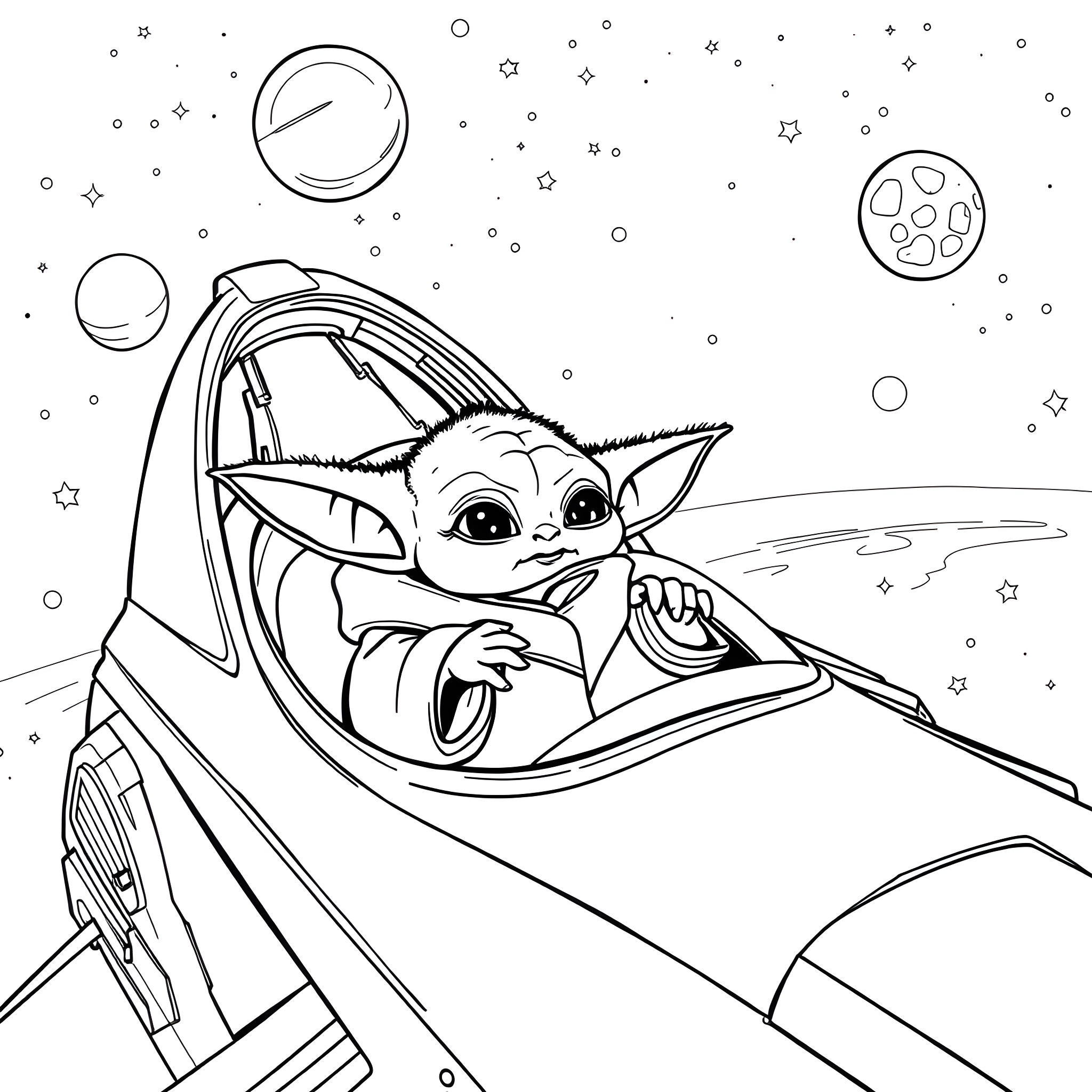 Baby Yoda exploring the galaxy in a spaceship Coloring Page (free black-and-white line drawing printable PDF for all, from beginners to advanced learners, including children, teens, adults, and seniors)