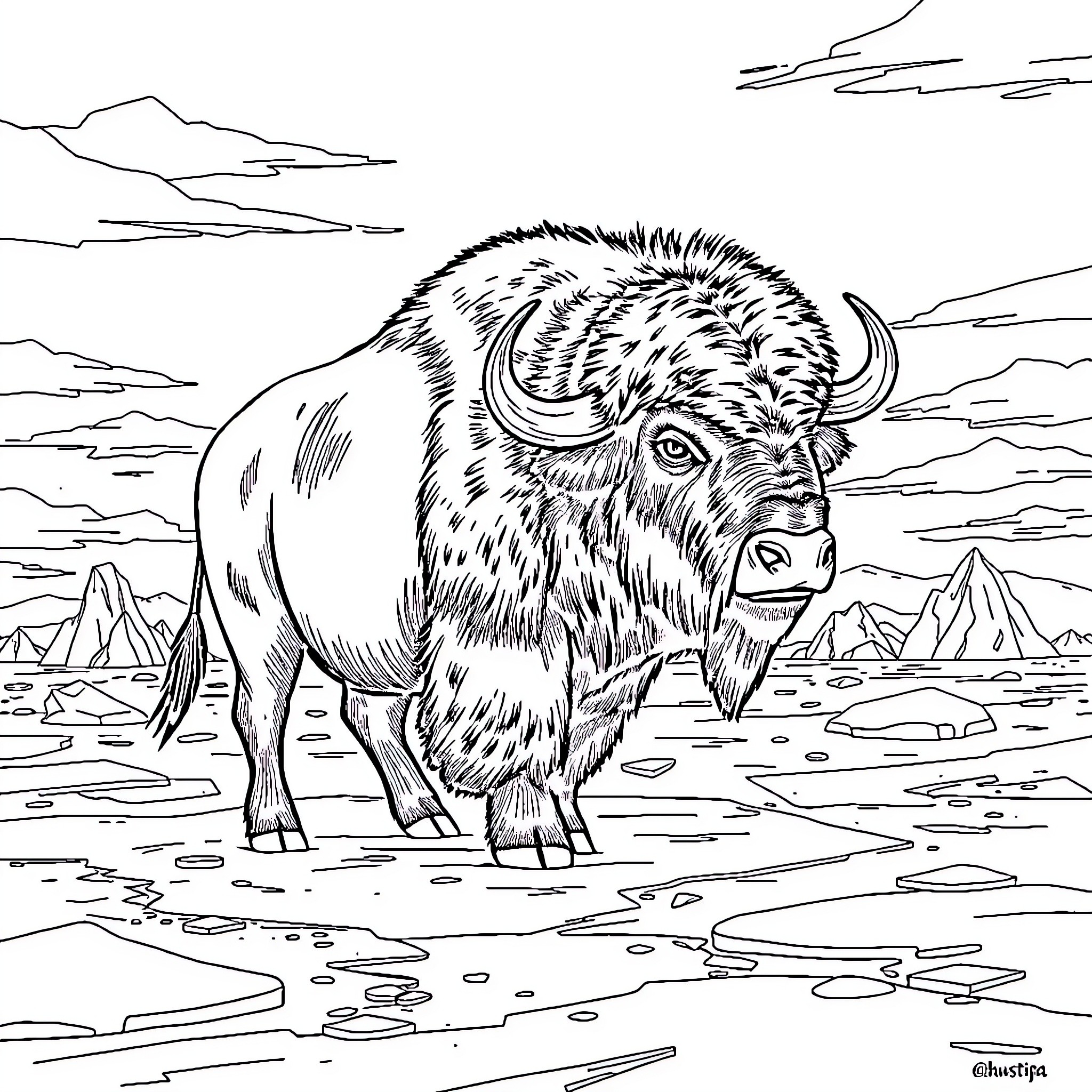 Buffalo in a Snowy Landscape Coloring Page (free black-and-white line drawing printable PDF for all, from beginners to advanced learners, including children, teens, adults, and seniors)