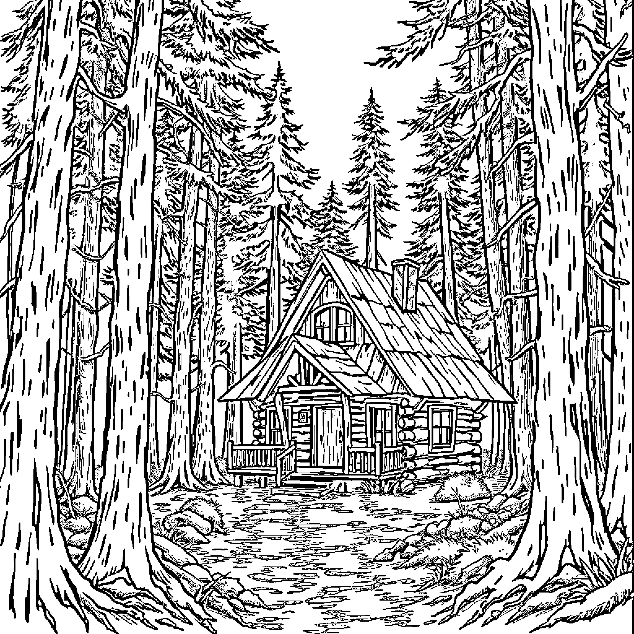 Cabin in the Rustic Woodland Retreat Coloring Page (free black-and-white line drawing printable PDF for all, from beginners to advanced learners, including children, teens, adults, and seniors)