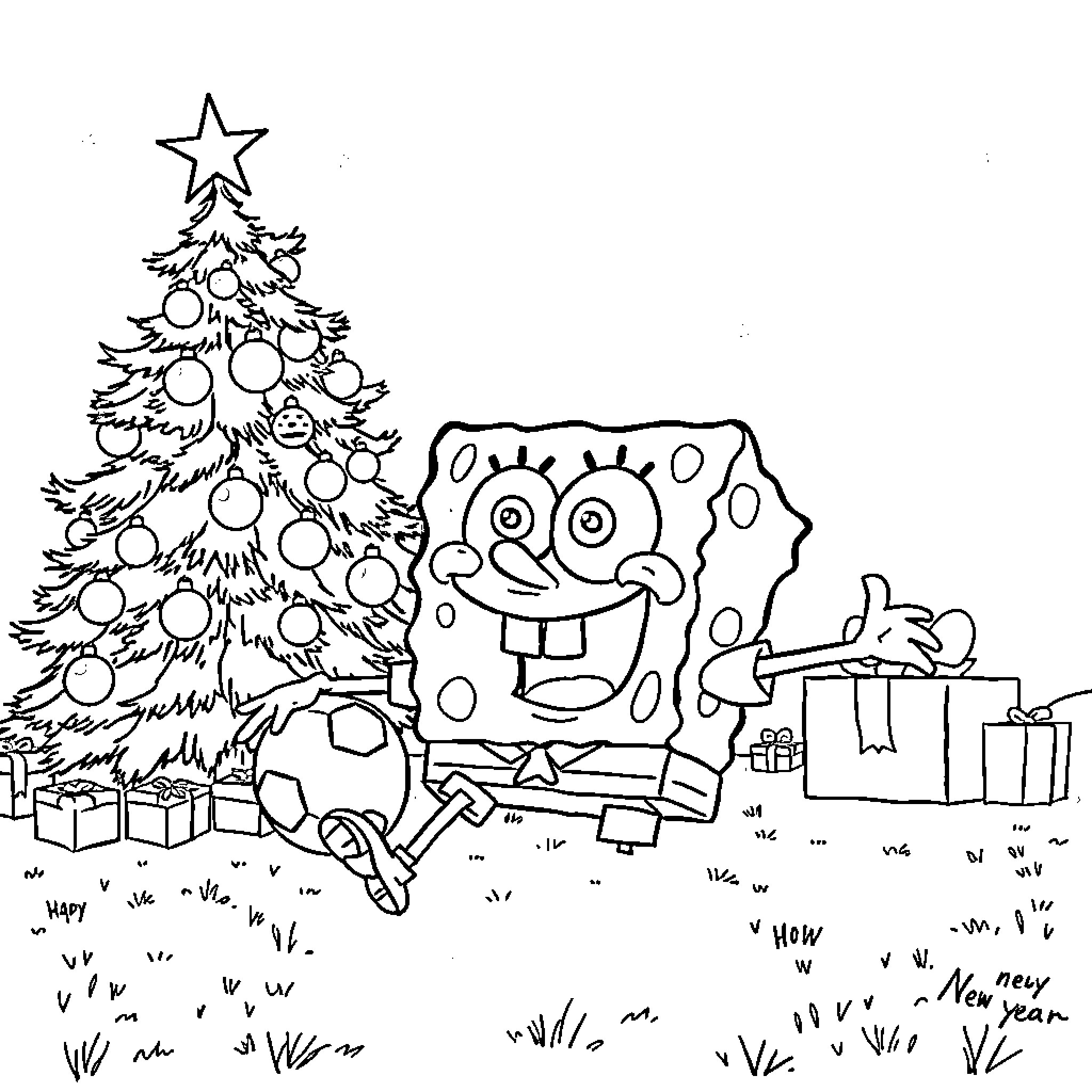 Spongebob decorating Christmas tree with gifts Coloring Page (free black-and-white line drawing printable PDF for all, from beginners to advanced learners, including children, teens, adults, and seniors)