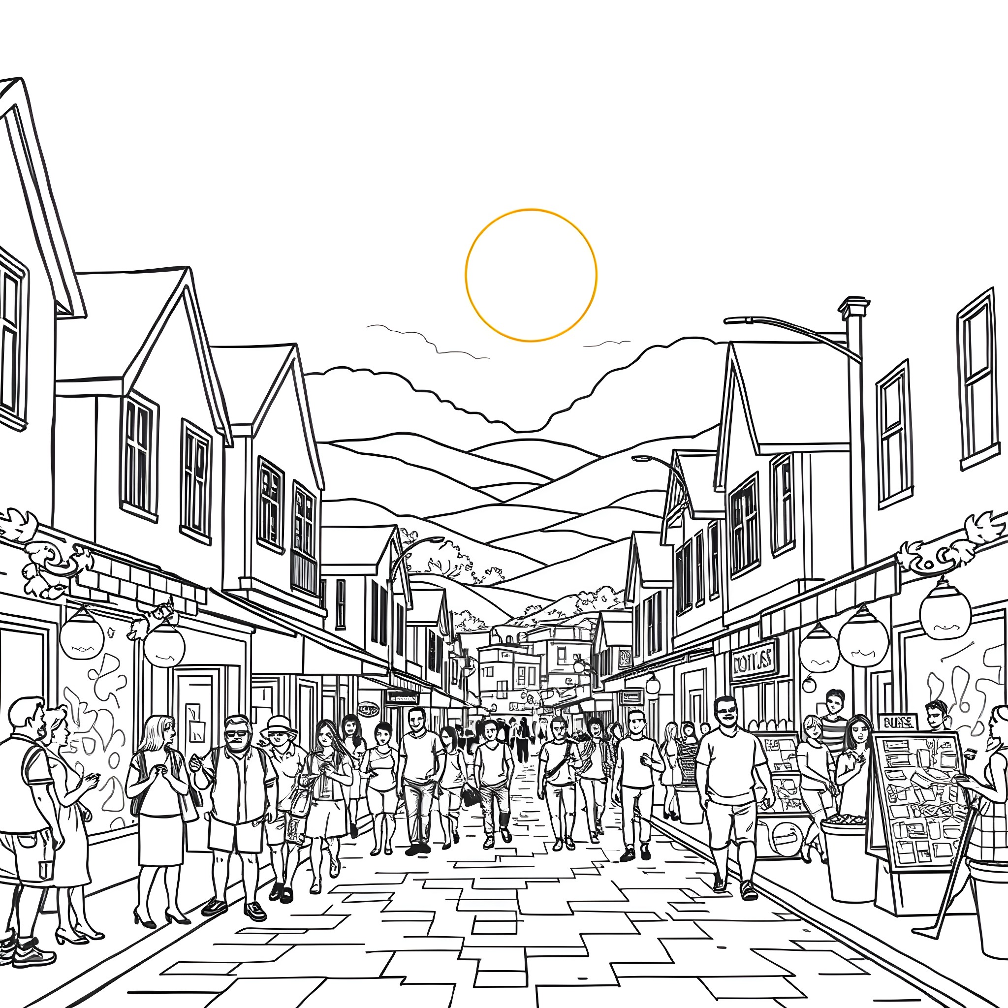 Boomdocks: Bustling Marketplace Scene in the Mountains Coloring Page (free black-and-white line drawing printable PDF for all, from beginners to advanced learners, including children, teens, adults, and seniors)