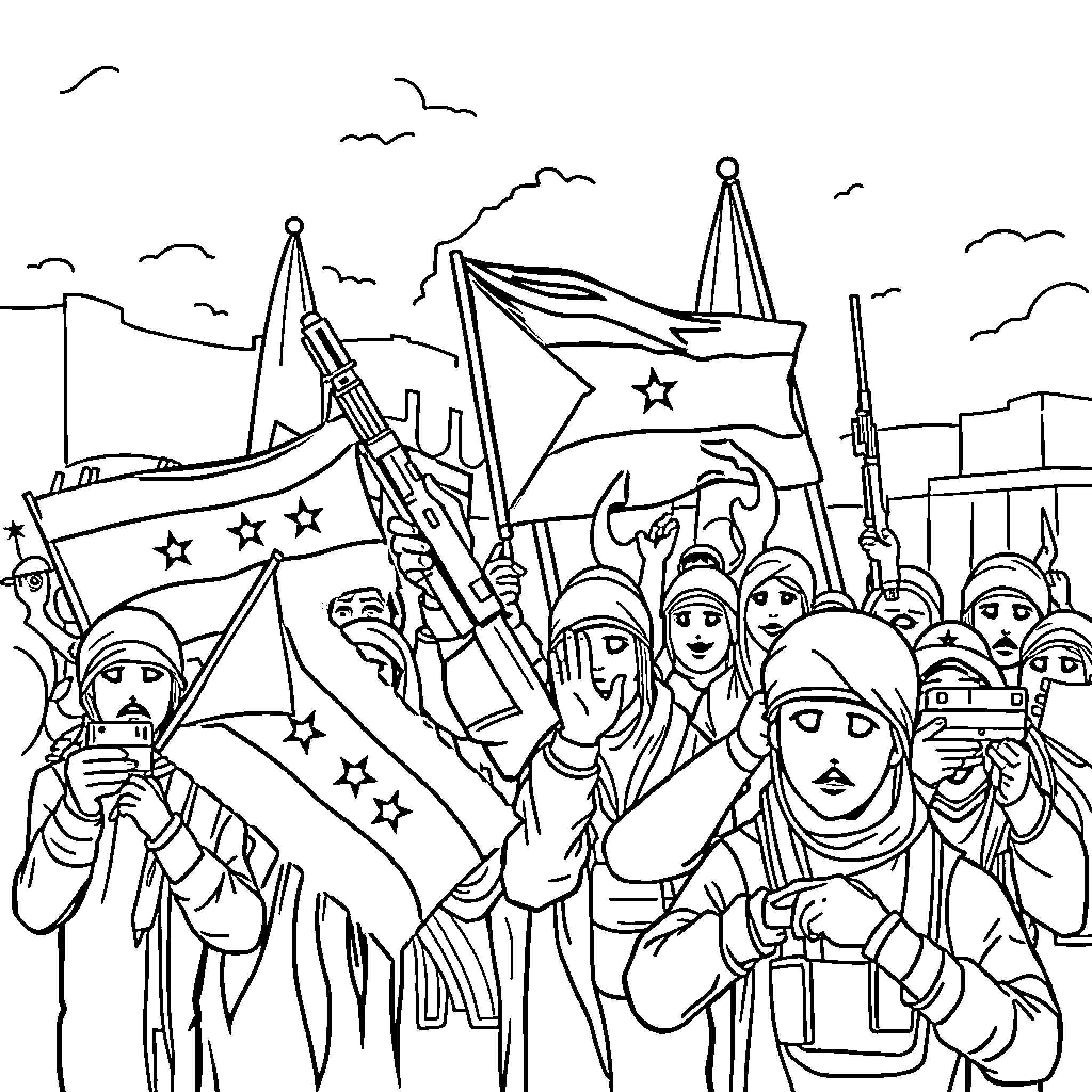 Hamas Supporters Waving Flags in Protest Coloring Page (free black-and-white line drawing printable PDF for all, from beginners to advanced learners, including children, teens, adults, and seniors)
